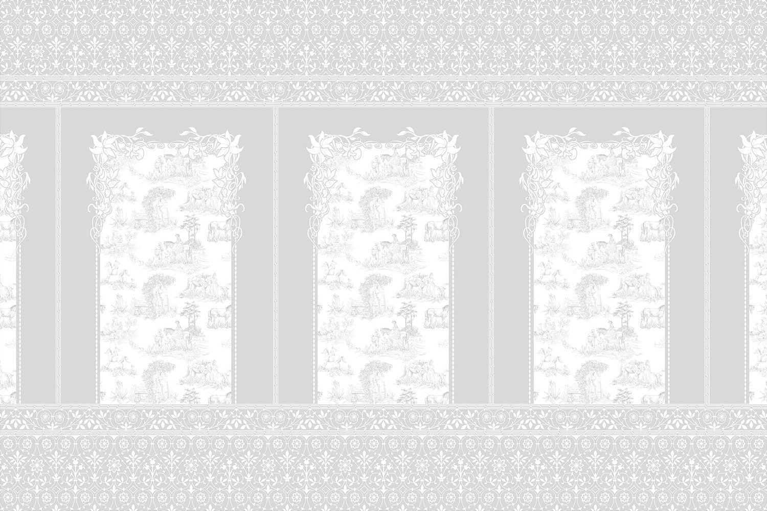 Classic French toile panels with ornate damask border in navy and white color scheme - view 19 - mural-inequal - final