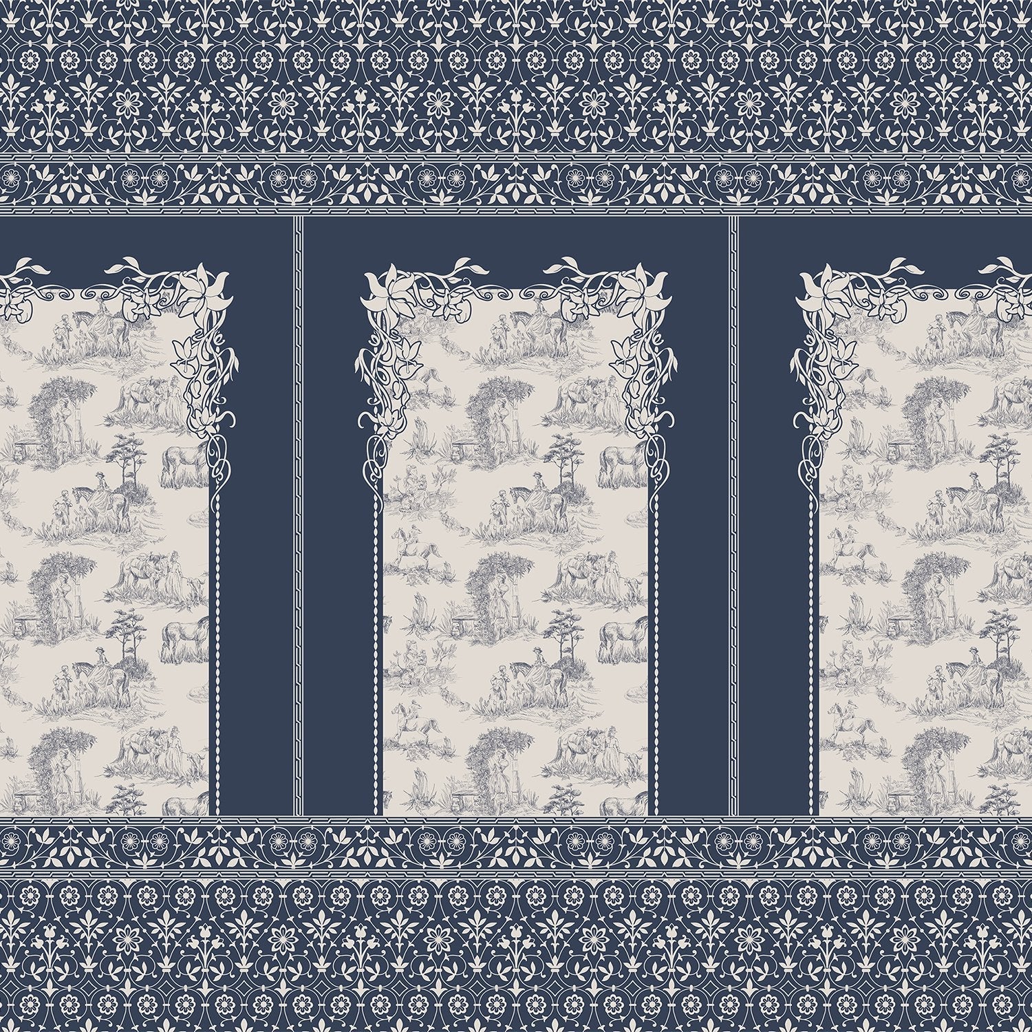Classic French toile panels with ornate damask border in navy and white color scheme - view 2 - final
