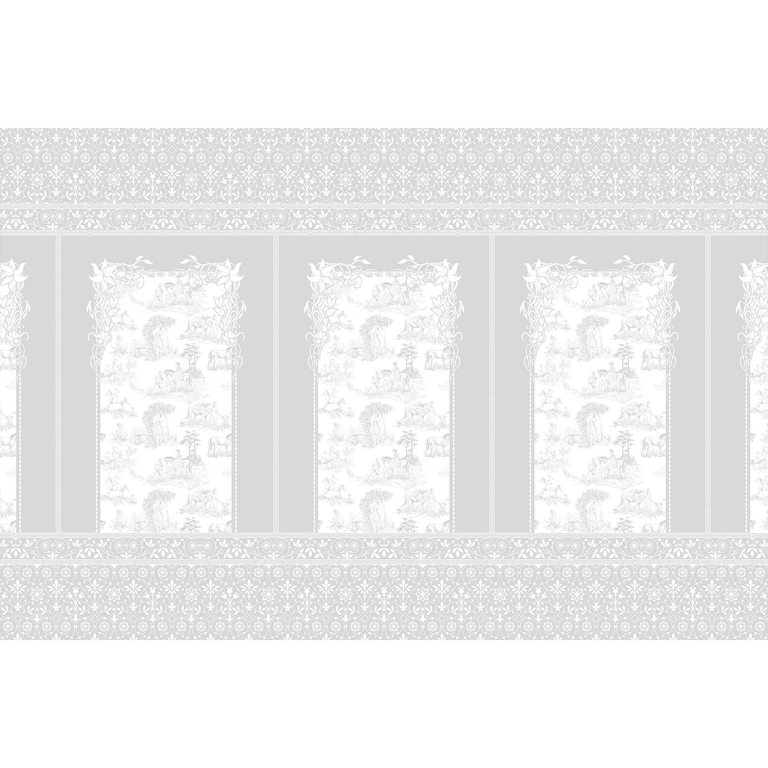 Classic French toile panels with ornate damask border in navy and white color scheme - view 20 - mural-equal - final