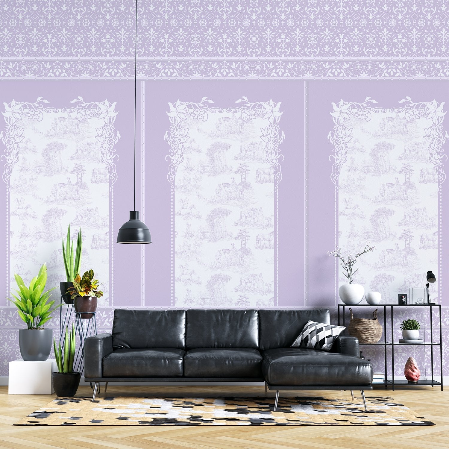 Classic French toile panels with ornate damask border in navy and white color scheme - view 21 - final living-room