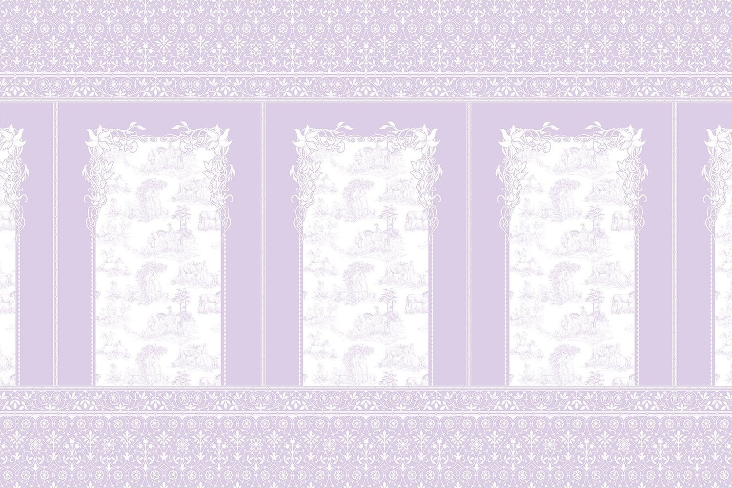 Classic French toile panels with ornate damask border in navy and white color scheme - view 24 - mural-inequal - final