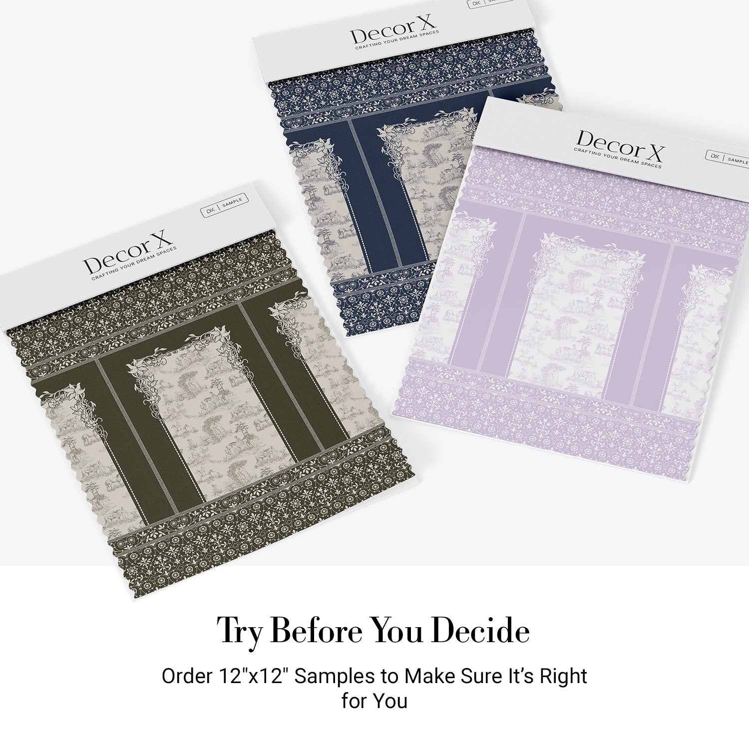 Classic French toile panels with ornate damask border in navy and white color scheme - view 25 - final all-groups samples