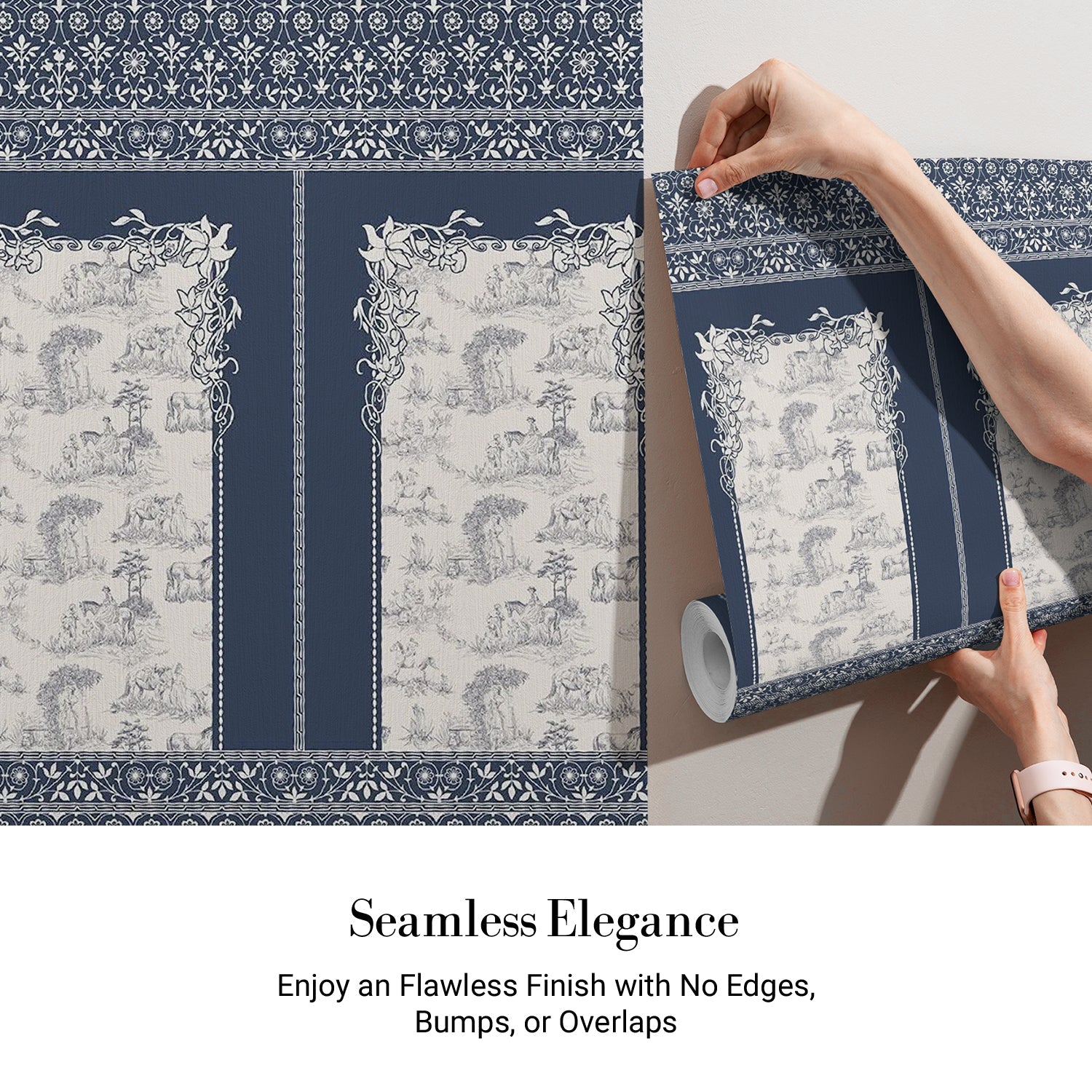 Classic French toile panels with ornate damask border in navy and white color scheme - view 3 - final
