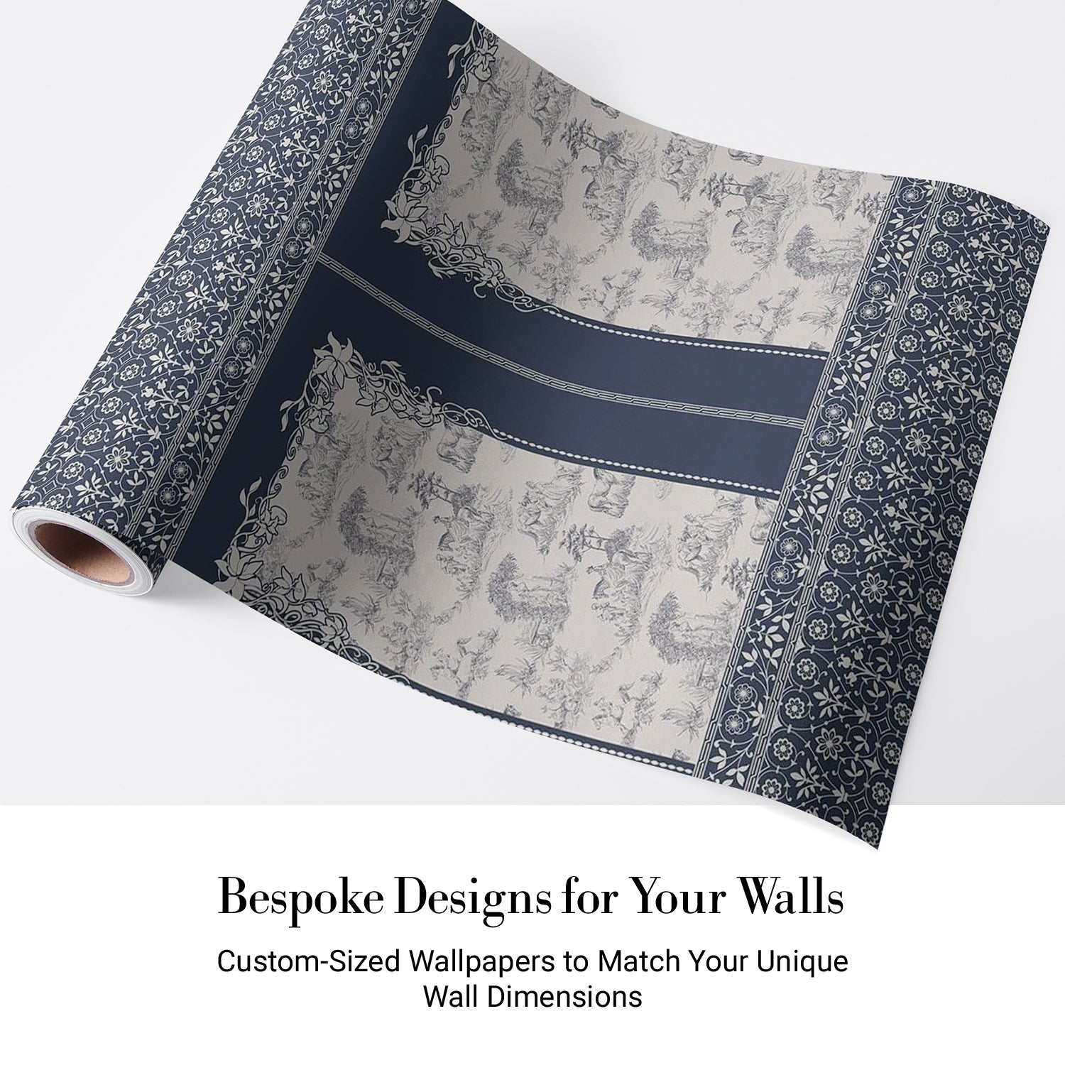 Classic French toile panels with ornate damask border in navy and white color scheme - view 4 - final