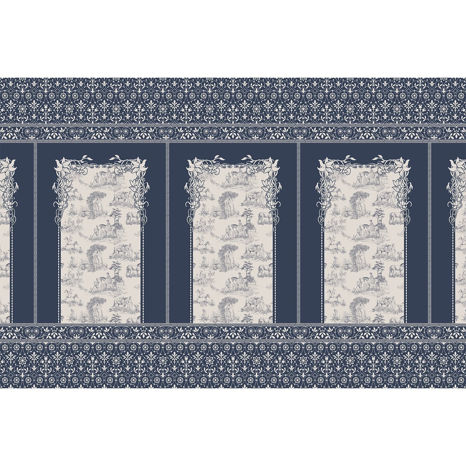 Classic French toile panels with ornate damask border in navy and white color scheme - view 5 - mural-equal - final