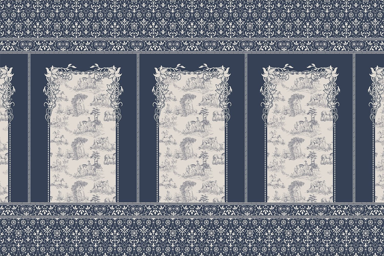 Classic French toile panels with ornate damask border in navy and white color scheme - view 6 - mural-inequal - final