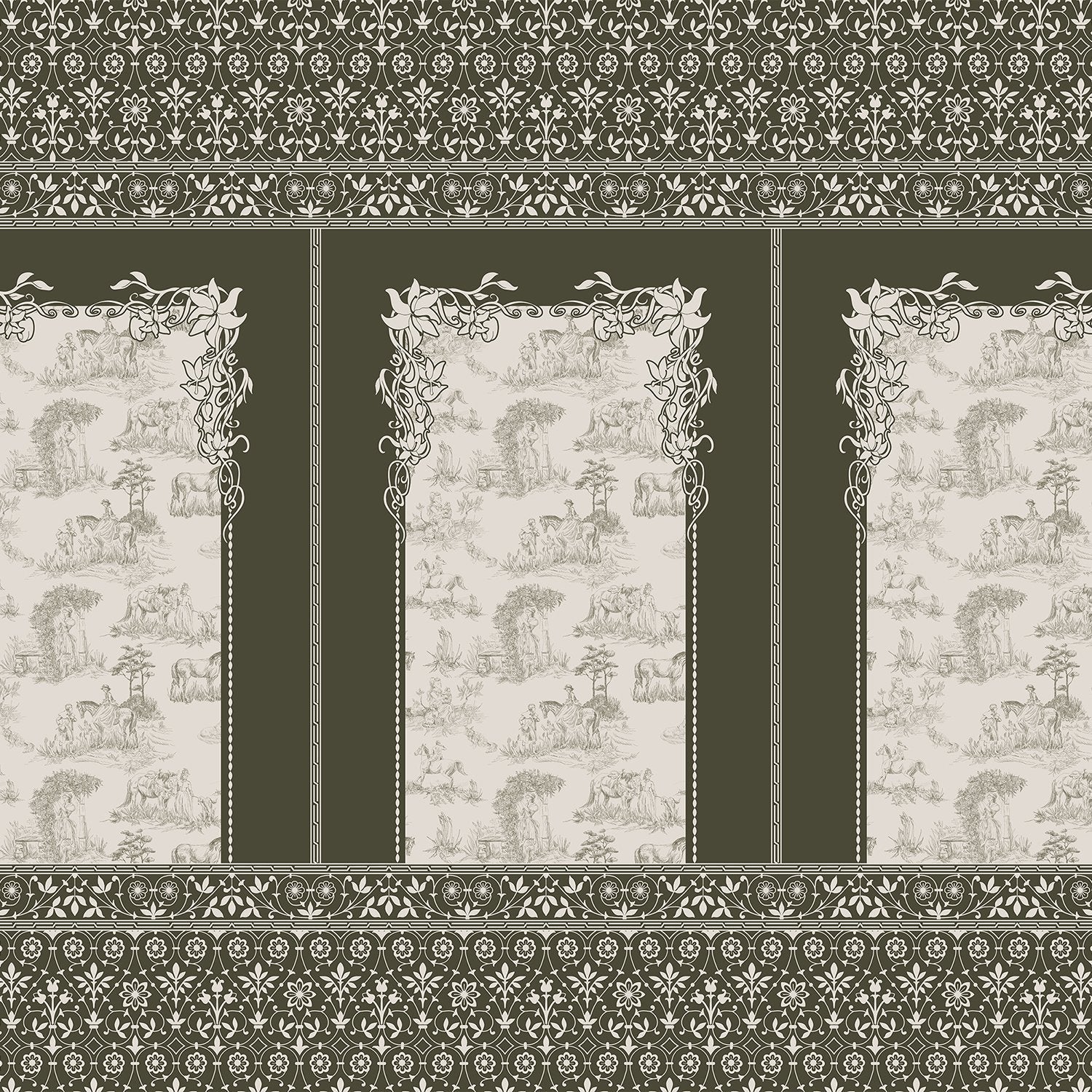 Classic French toile panels with ornate damask border in navy and white color scheme - view 8 - final