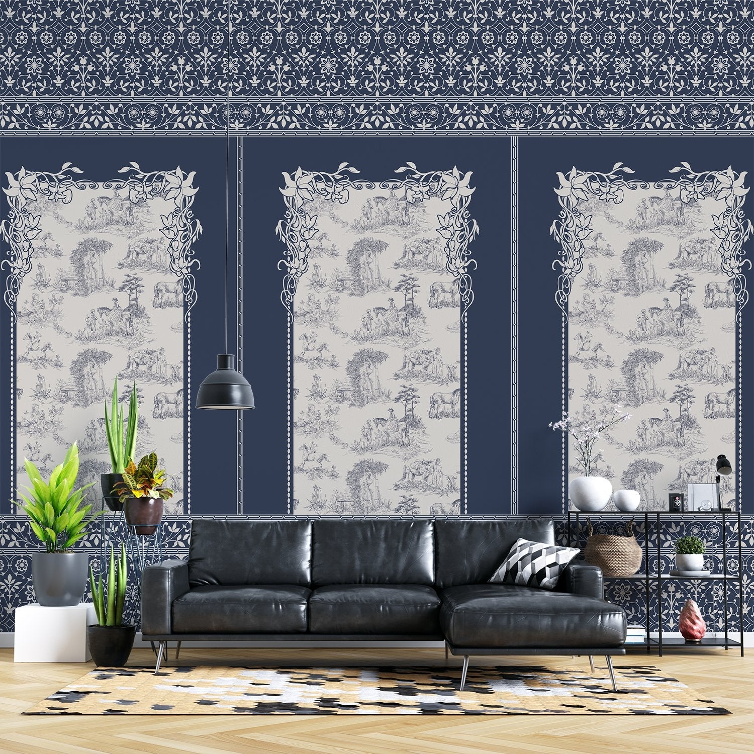 Classic French toile panels with ornate damask border in navy and white color scheme - final living-room