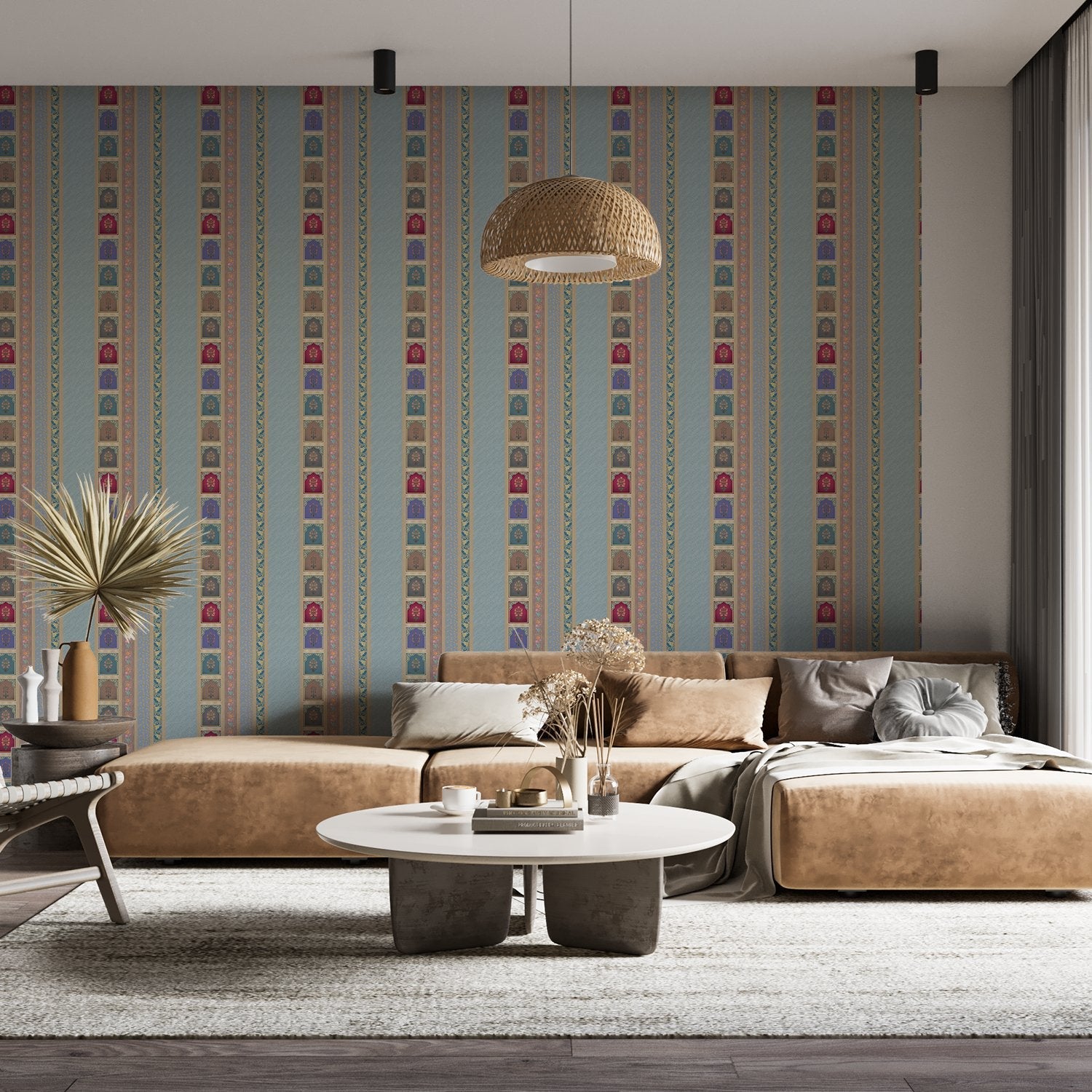 Vertical stripes with multicolored arch motifs in beige, creating elegant retro architectural details - view 13 - final living-room