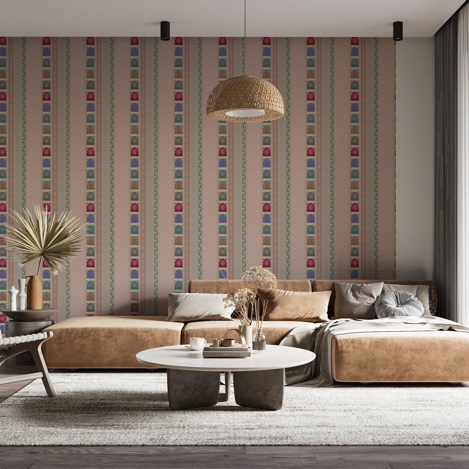 Vertical stripes with multicolored arch motifs in beige, creating elegant retro architectural details - view 18 - final living-room