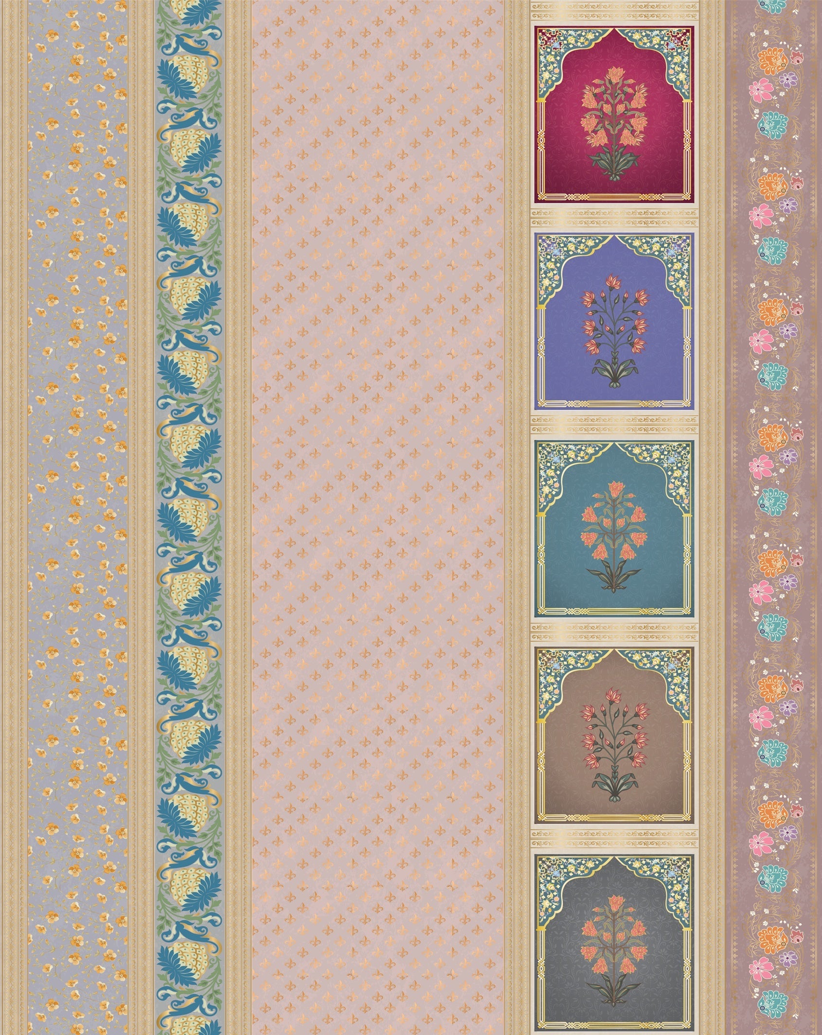 Vertical stripes with multicolored arch motifs in beige, creating elegant retro architectural details - view 21 - repeat-original - final