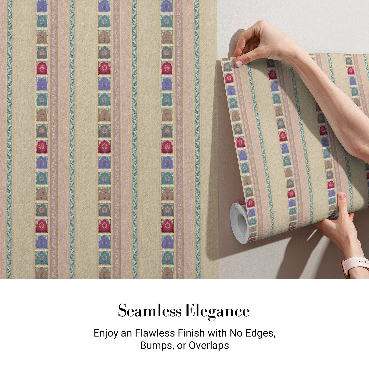 Vertical stripes with multicolored arch motifs in beige, creating elegant retro architectural details - view 3 - final