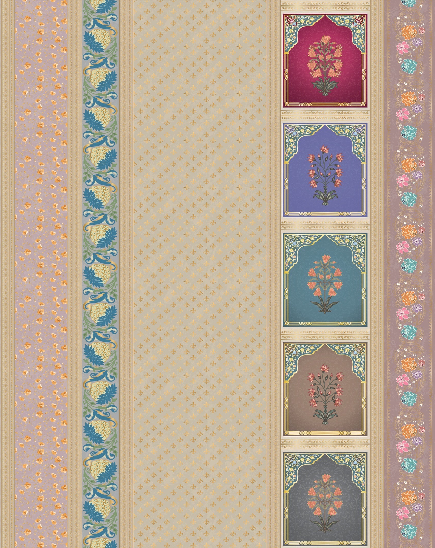 Vertical stripes with multicolored arch motifs in beige, creating elegant retro architectural details - view 6 - repeat-original - final