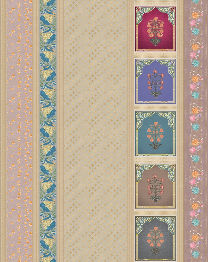 Vertical stripes with multicolored arch motifs in beige, creating elegant retro architectural details - view 7 - repeat-small - final