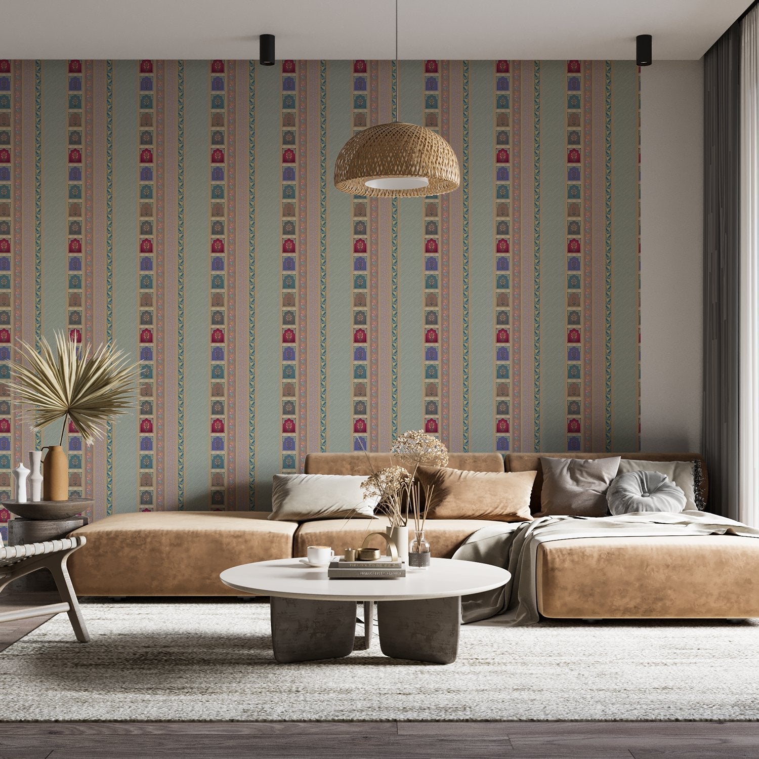 Vertical stripes with multicolored arch motifs in beige, creating elegant retro architectural details - view 8 - final living-room