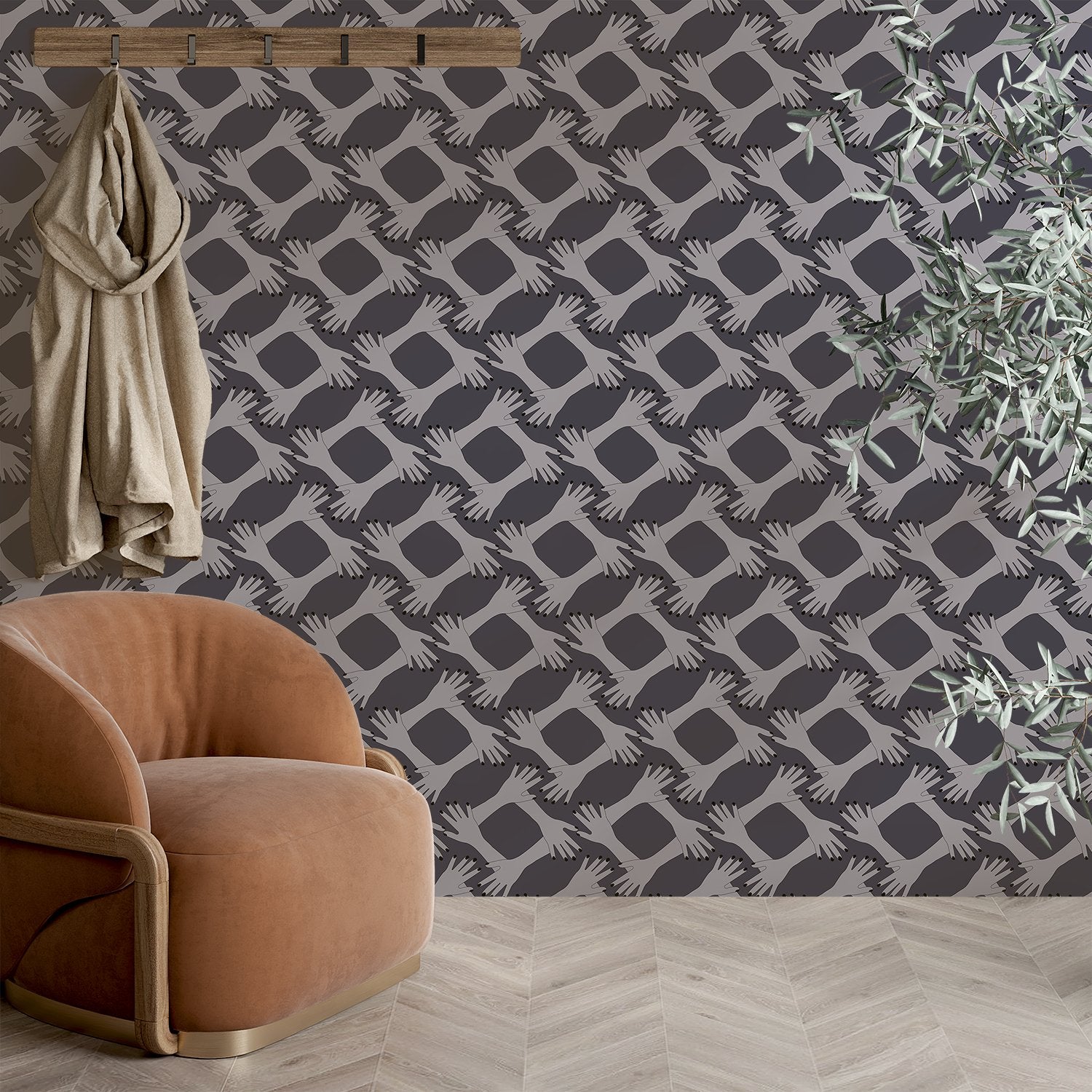 Blush pink geometric diamond lattice with delicate floral sprigs on modern interior wall - view 18 - final