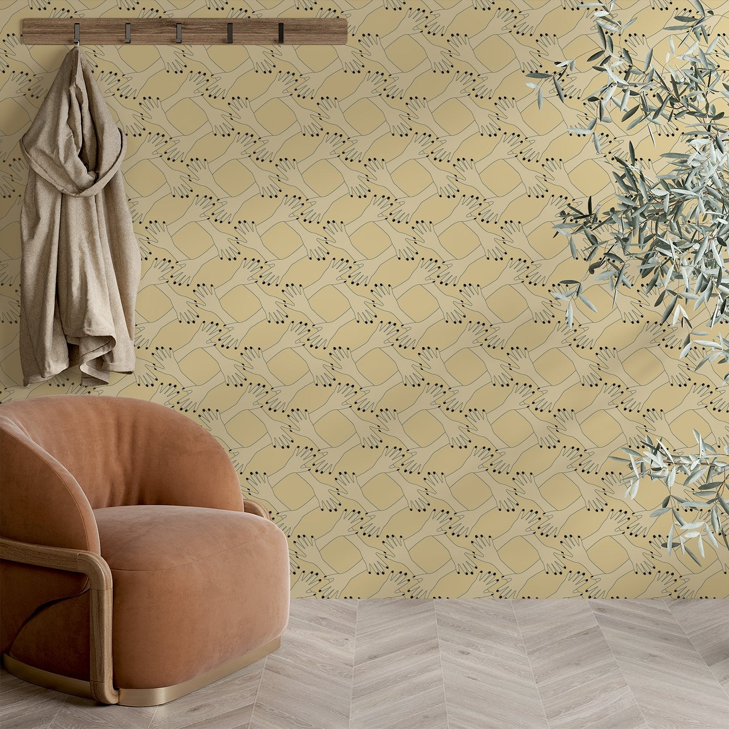 Blush pink geometric diamond lattice with delicate floral sprigs on modern interior wall - view 23 - final