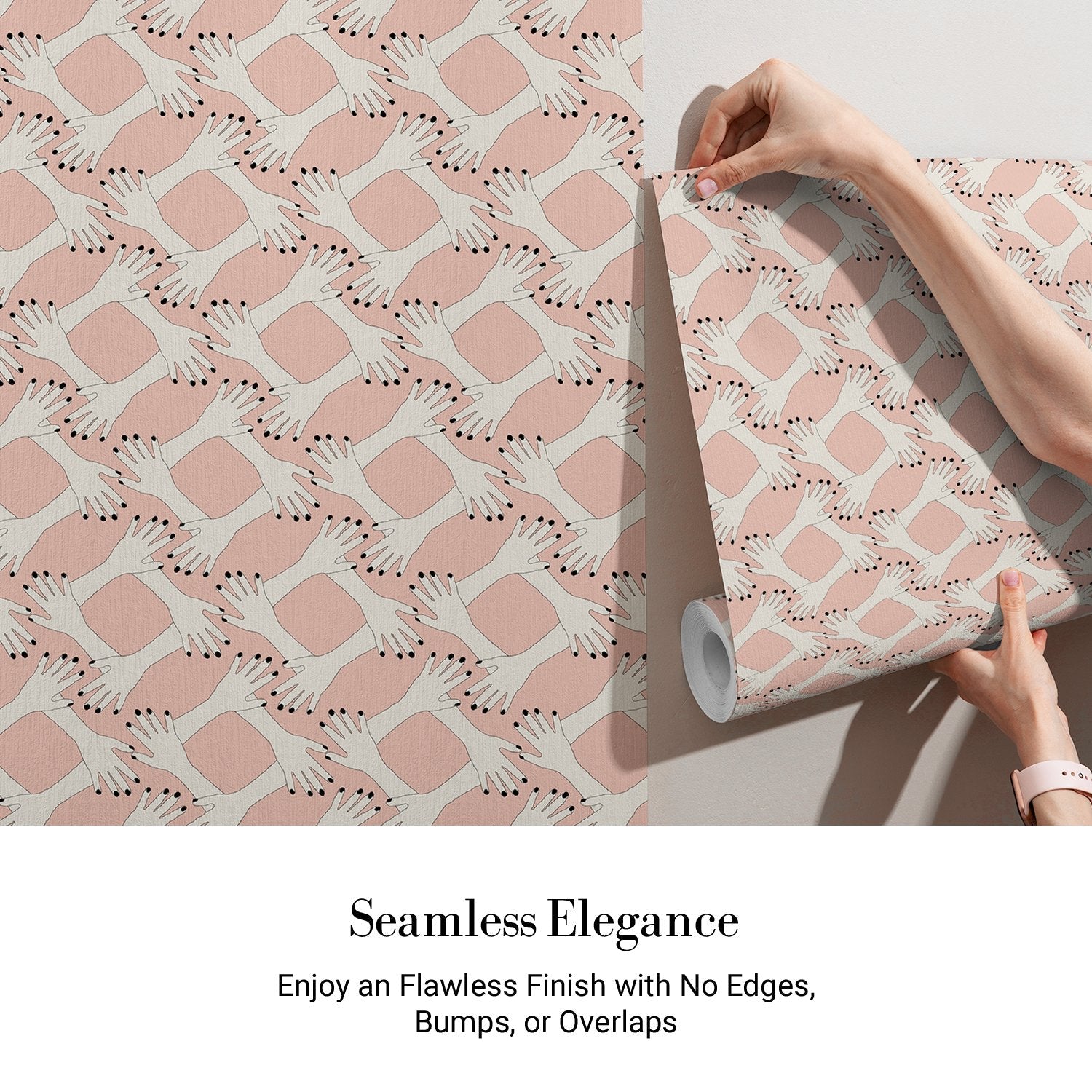 Blush pink geometric diamond lattice with delicate floral sprigs on modern interior wall - view 3 - final