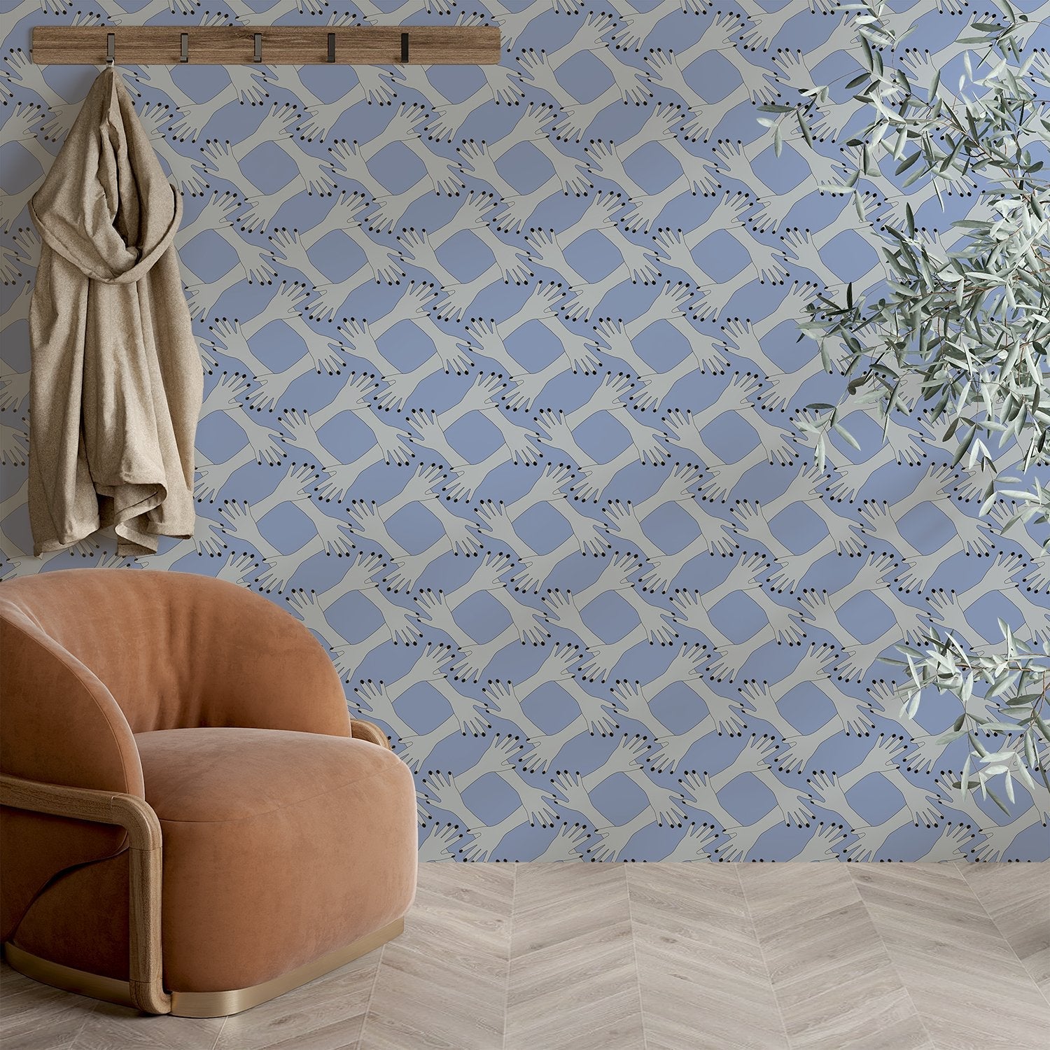 Blush pink geometric diamond lattice with delicate floral sprigs on modern interior wall - view 8 - final