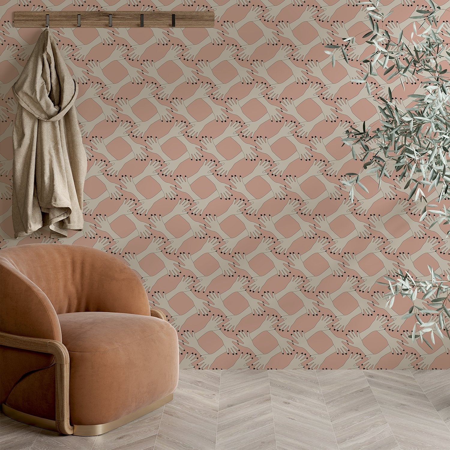 Blush pink geometric diamond lattice with delicate floral sprigs on modern interior wall - final hobby-room