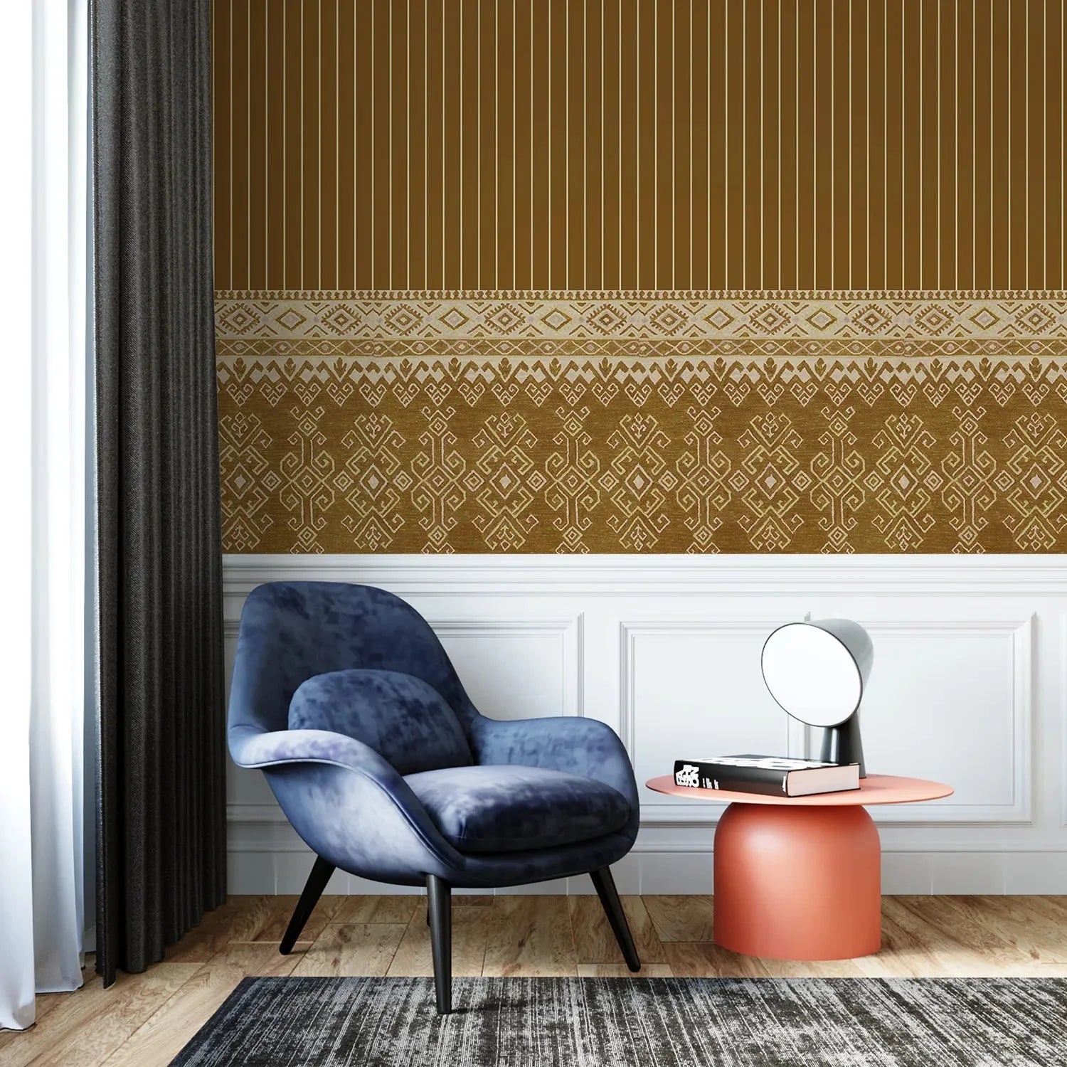 Traditional ethnic border design with vertical stripes in warm brown and gold tones - final hobby-room