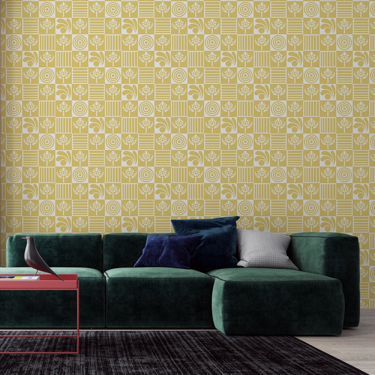 Black and white checkered pattern with alternating floral motifs and vertical stripes - view 10 - final