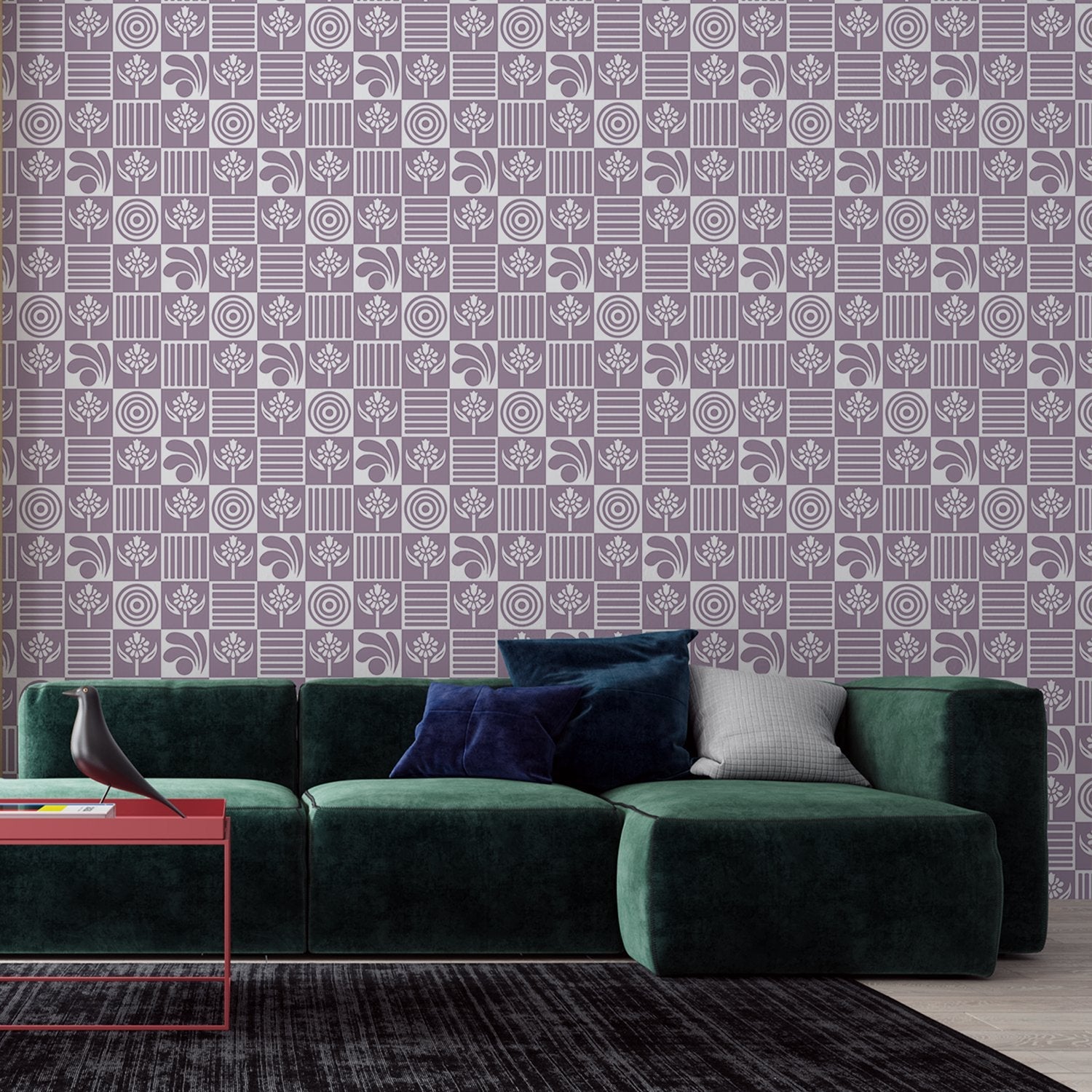 Black and white checkered pattern with alternating floral motifs and vertical stripes - view 15 - final