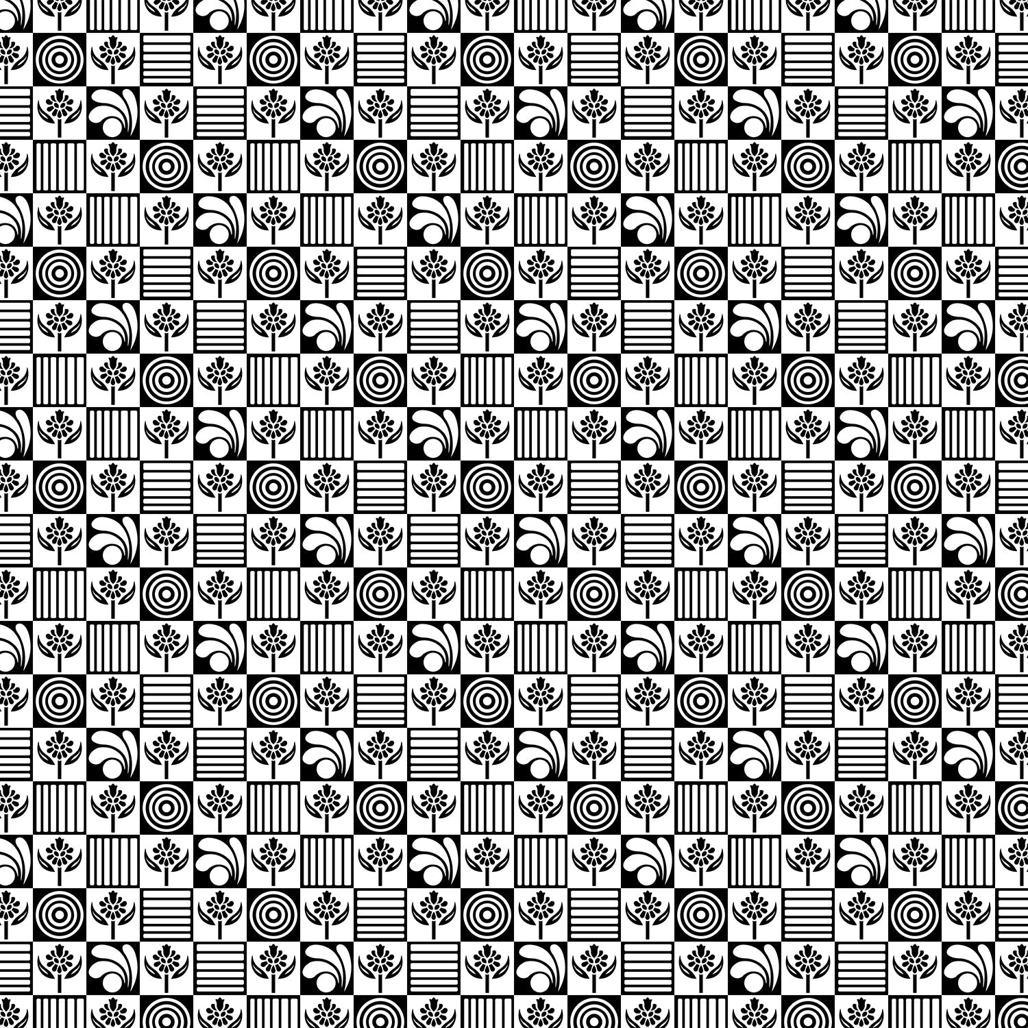 Black and white checkered pattern with alternating floral motifs and vertical stripes - view 2 - final