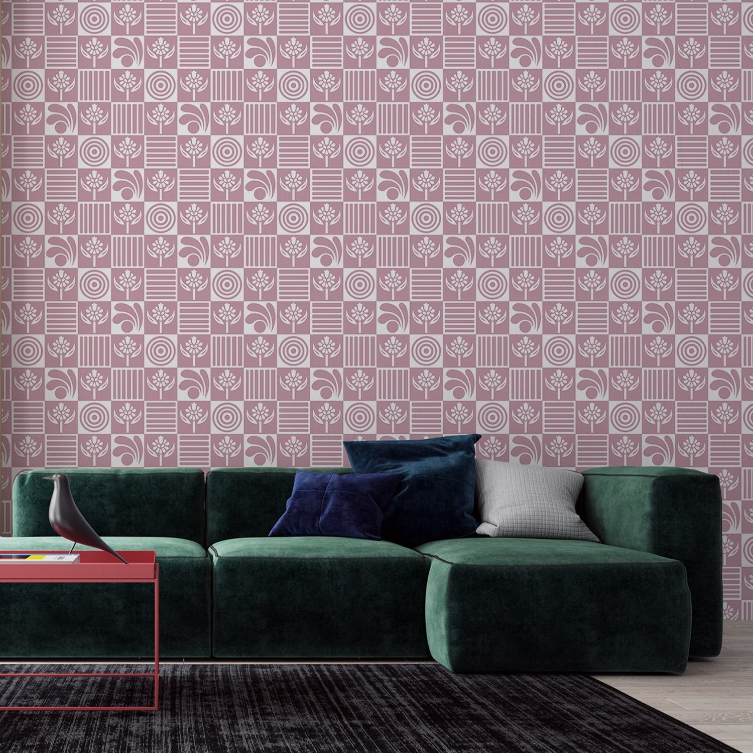 Black and white checkered pattern with alternating floral motifs and vertical stripes - view 20 - final