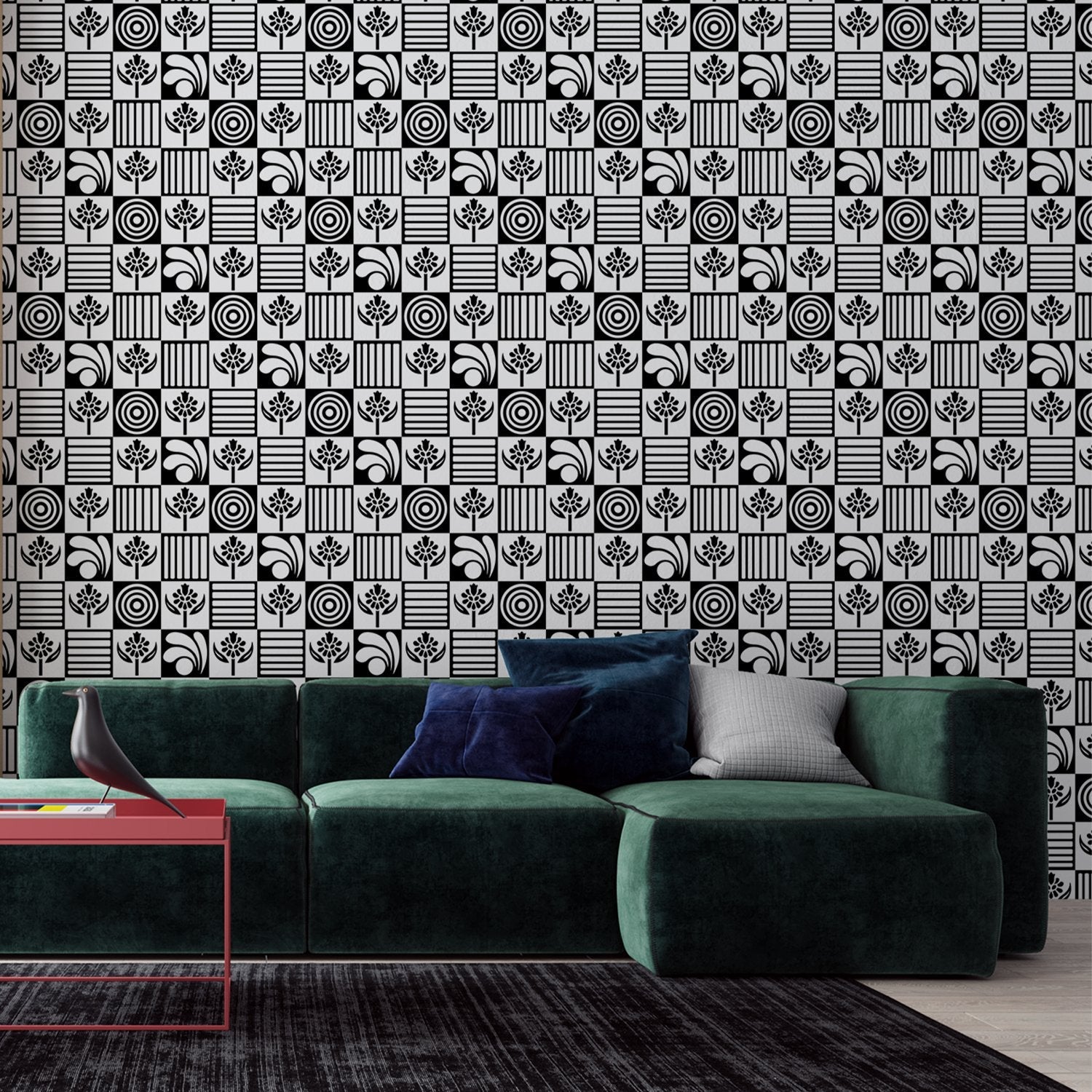 Black and white checkered pattern with alternating floral motifs and vertical stripes - view 3 - final living-room