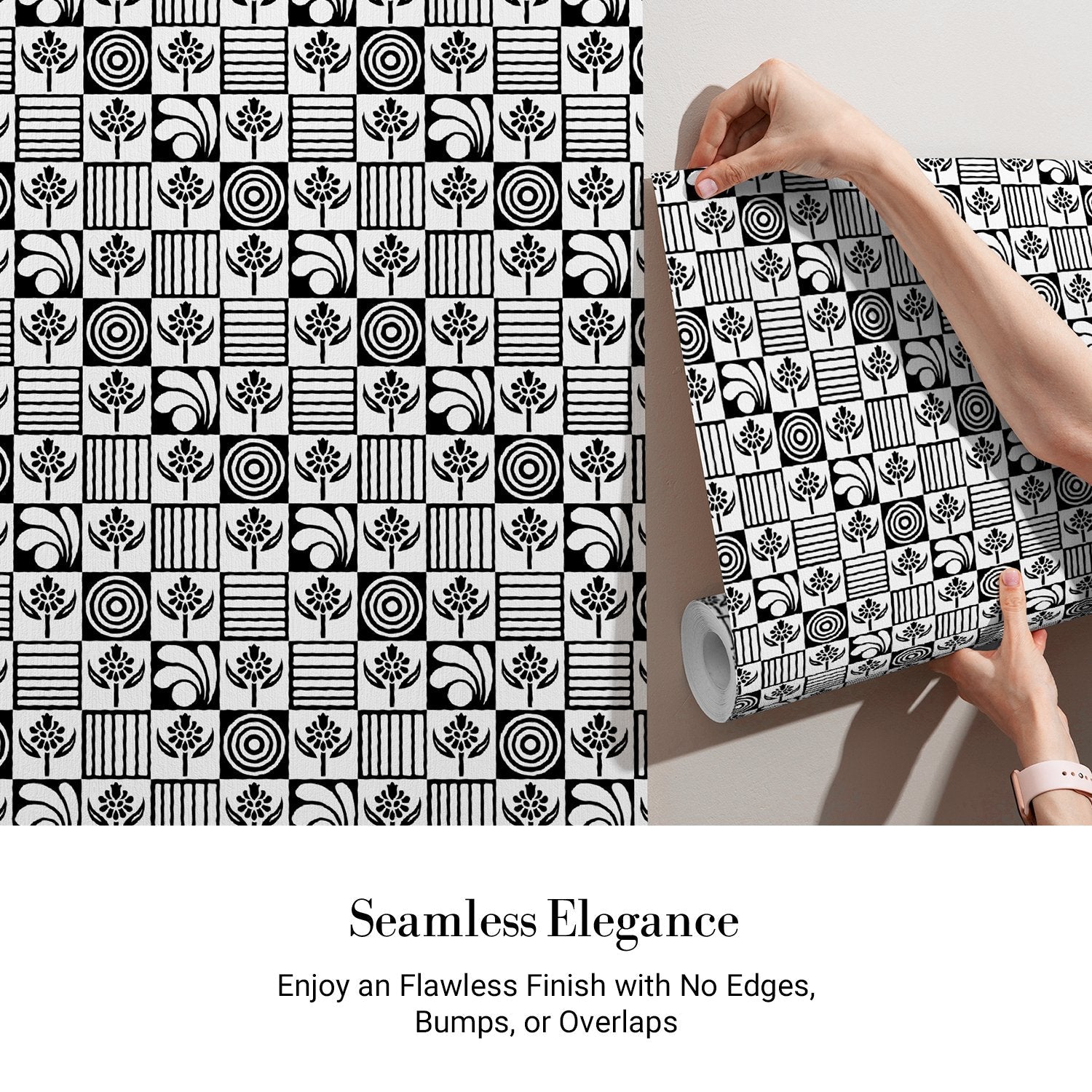 Black and white checkered pattern with alternating floral motifs and vertical stripes - view 4 - final