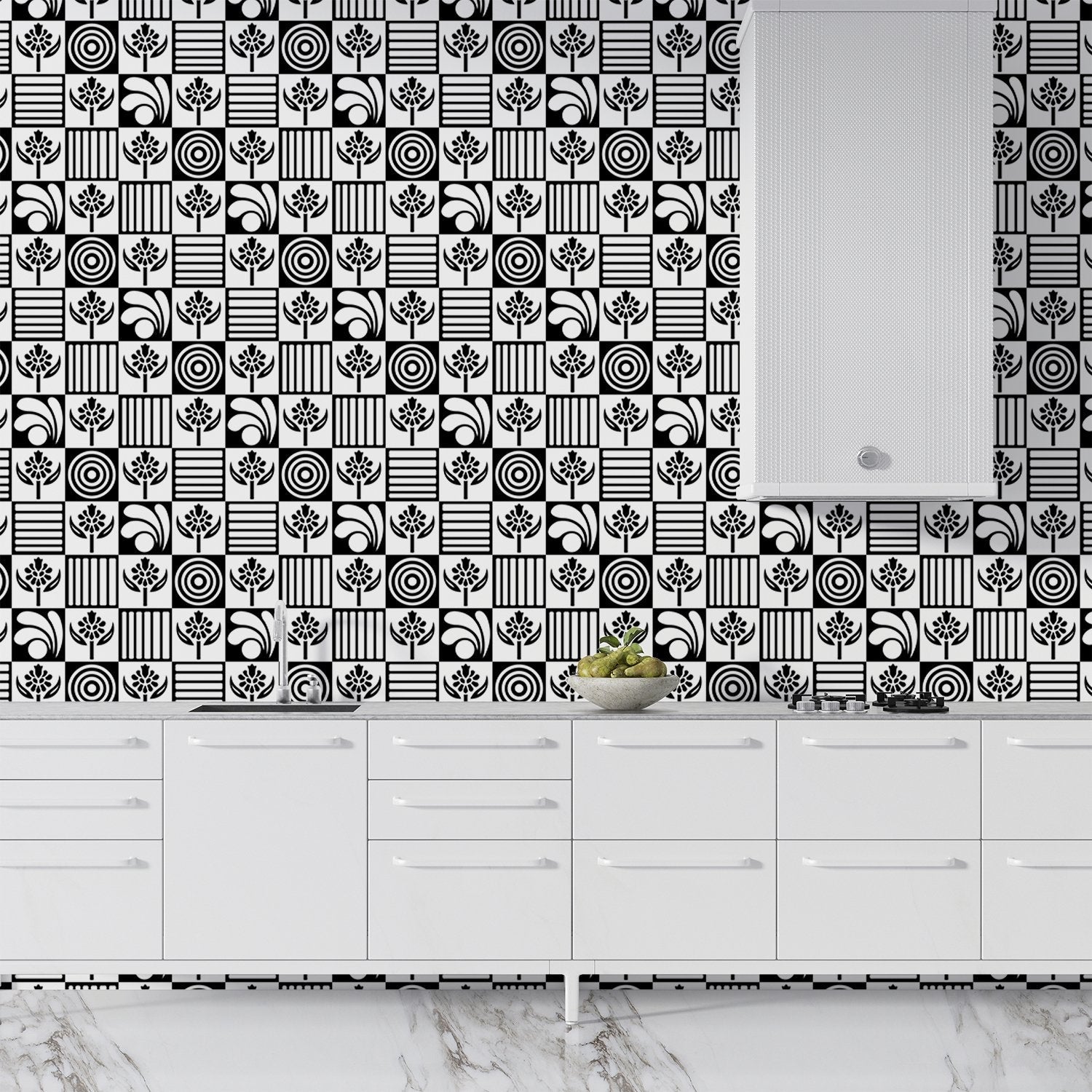 Black and white checkered pattern with alternating floral motifs and vertical stripes - final kitchen