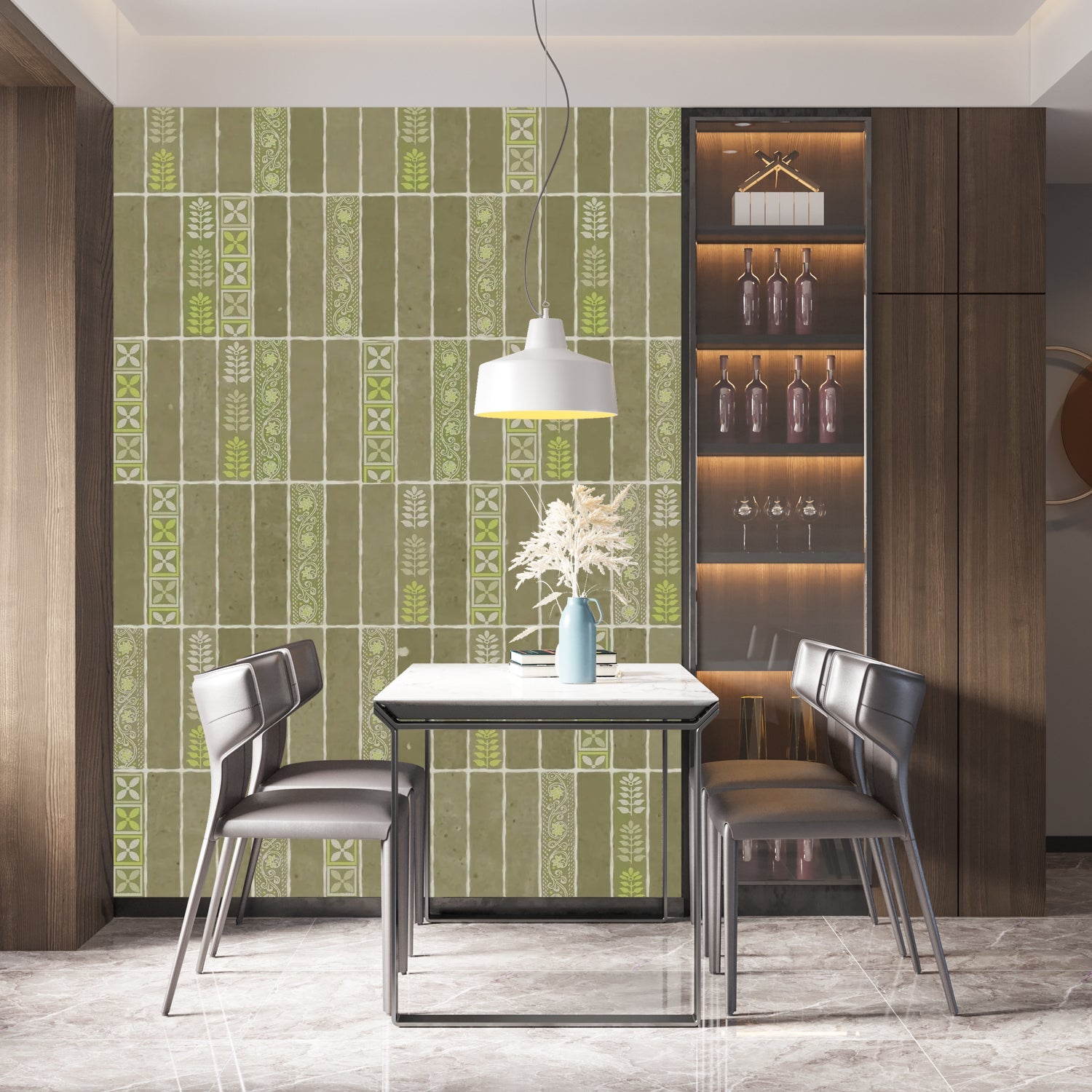 Modern vertical stripes with tribal motifs in brown and red tones against wall - view 13 - final