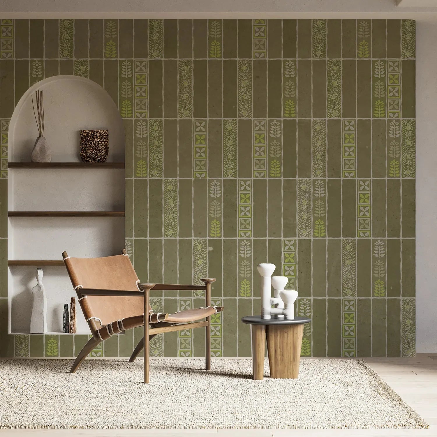 Modern vertical stripes with tribal motifs in brown and red tones against wall - view 15 - final