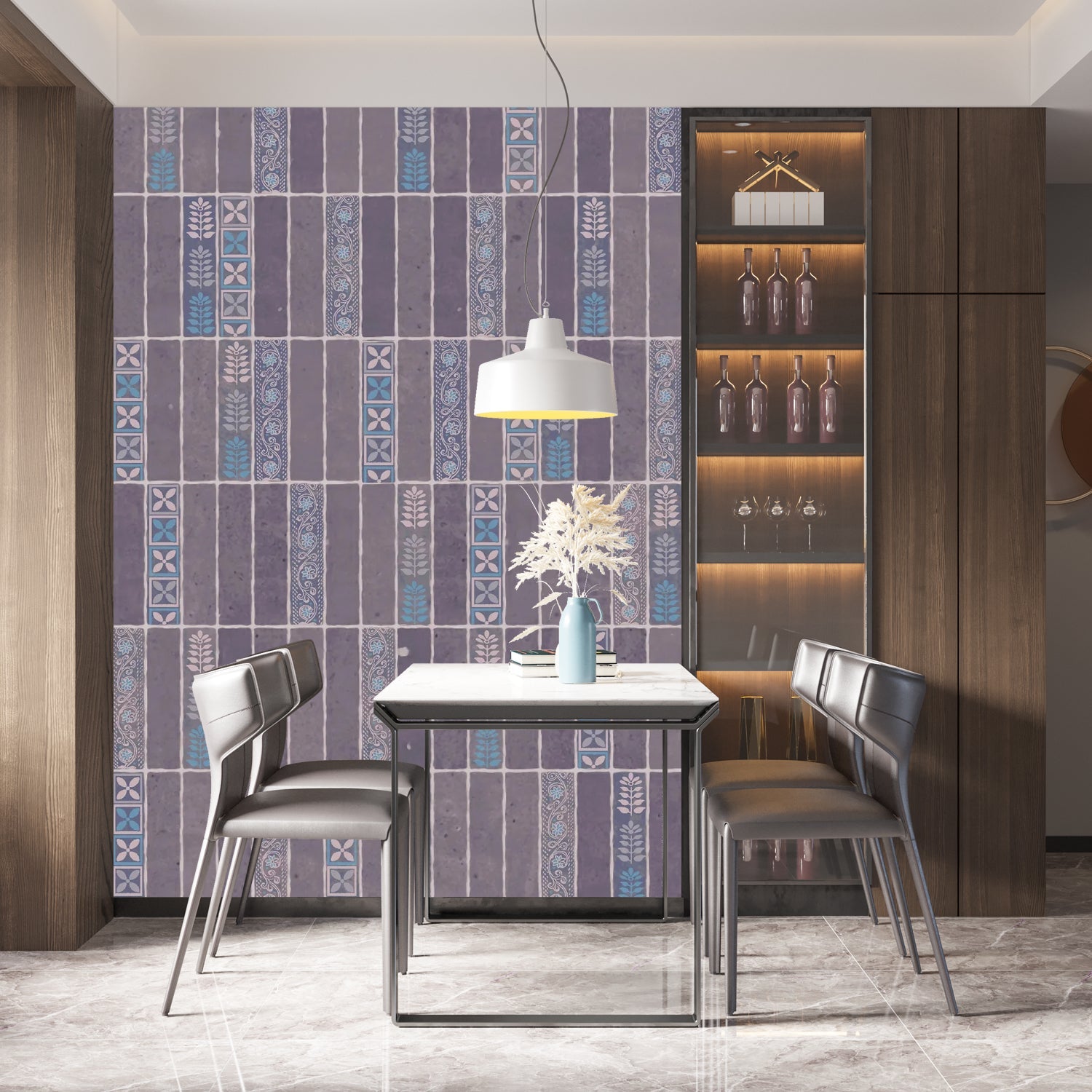 Modern vertical stripes with tribal motifs in brown and red tones against wall - view 17 - final