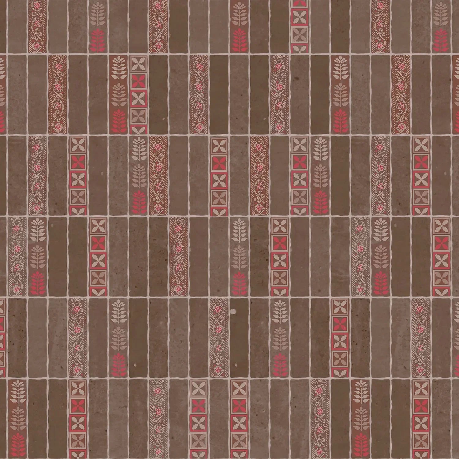 Modern vertical stripes with tribal motifs in brown and red tones against wall - view 2 - final