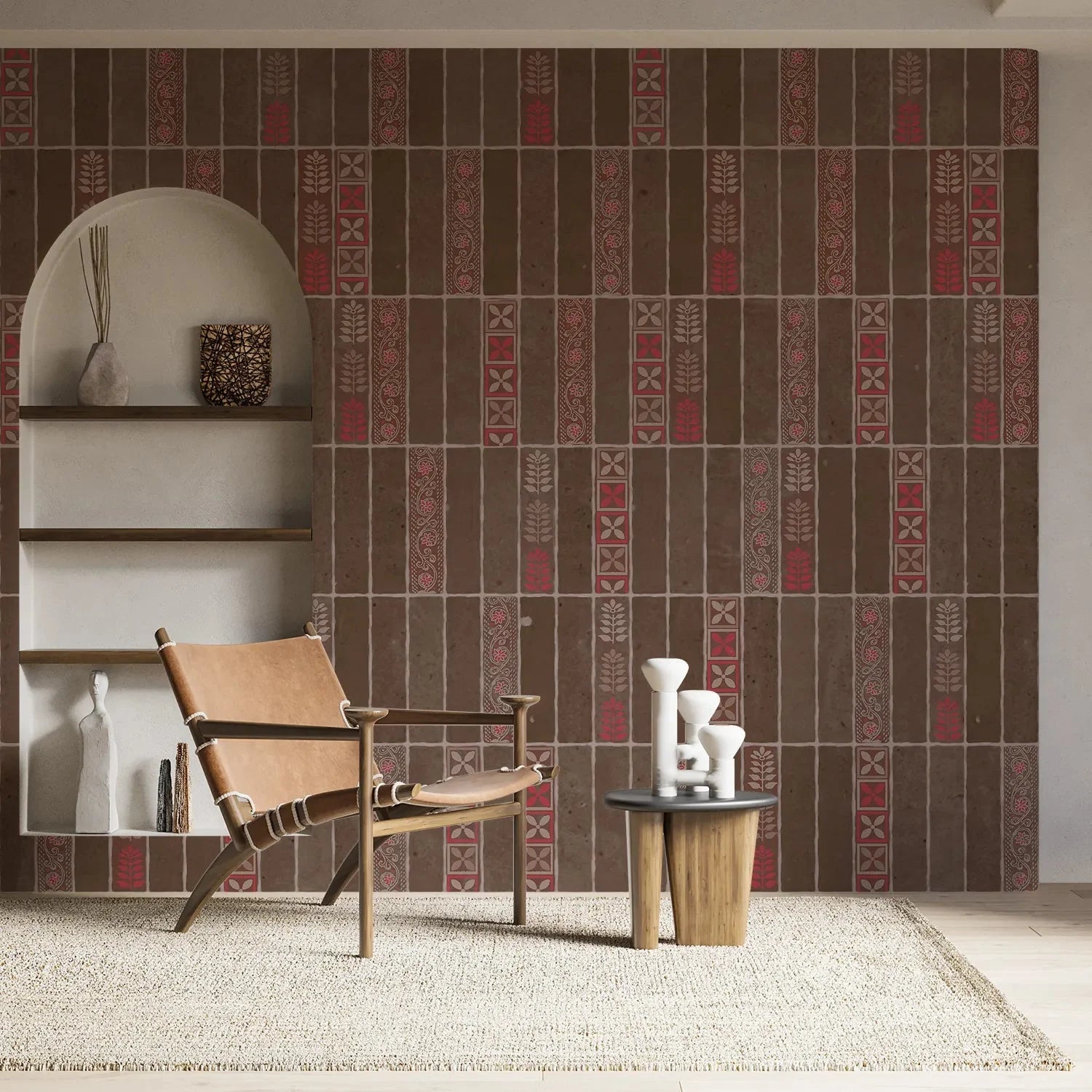 Modern vertical stripes with tribal motifs in brown and red tones against wall - view 3 - final hobby-room