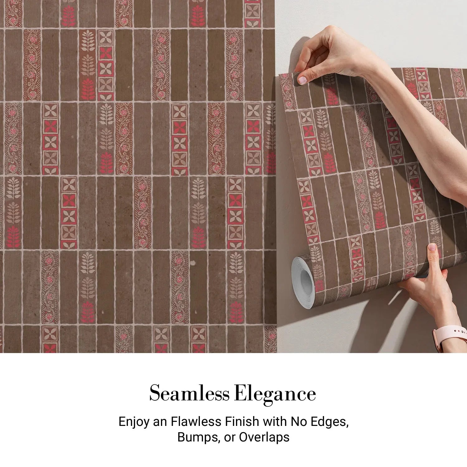 Modern vertical stripes with tribal motifs in brown and red tones against wall - view 4 - final