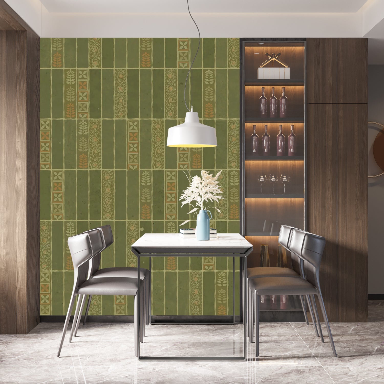 Modern vertical stripes with tribal motifs in brown and red tones against wall - view 8 - final