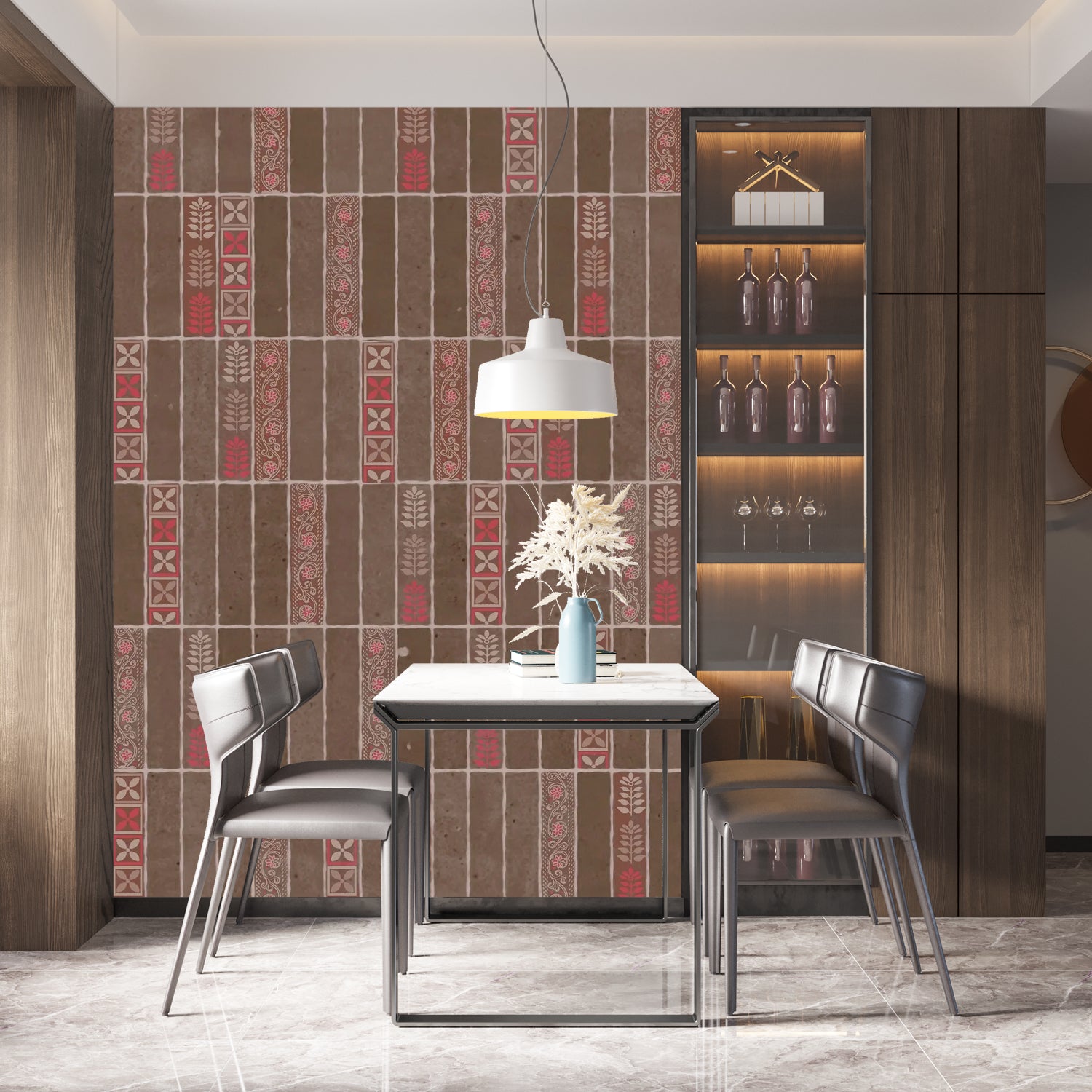 Modern vertical stripes with tribal motifs in brown and red tones against wall - final dining-room