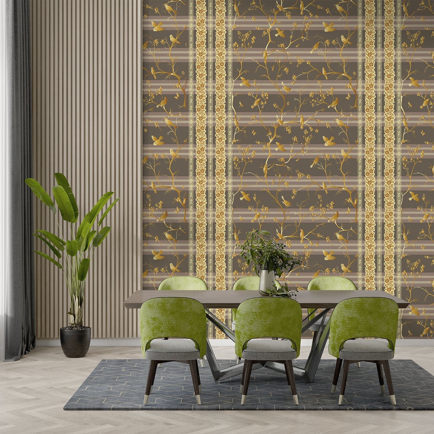 Luxurious gold damask stripes with delicate floral motifs on warm beige background - view 11 - final