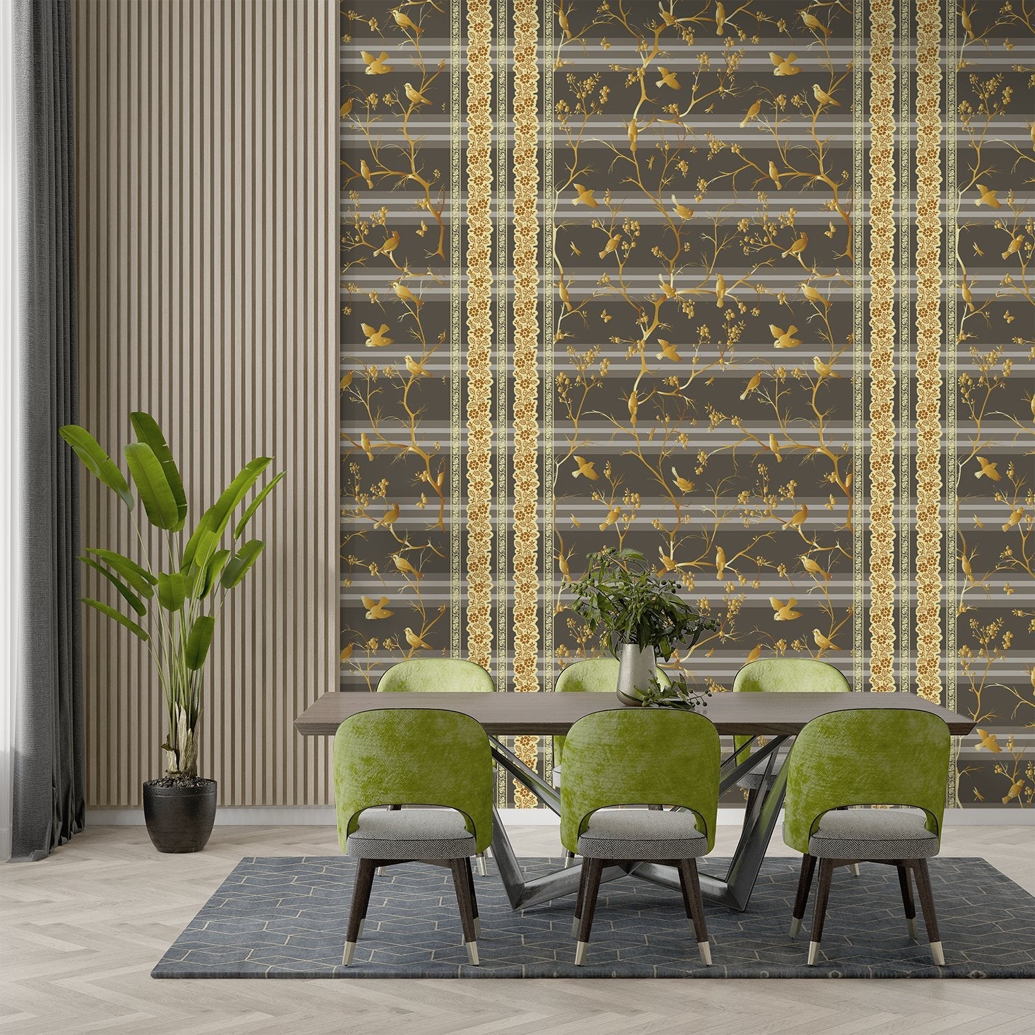 Luxurious gold damask stripes with delicate floral motifs on warm beige background - view 15 - final