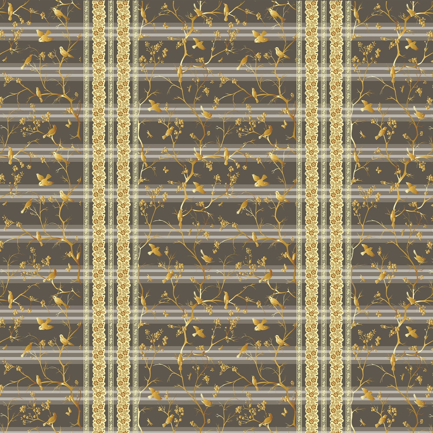 Luxurious gold damask stripes with delicate floral motifs on warm beige background - view 16 - final
