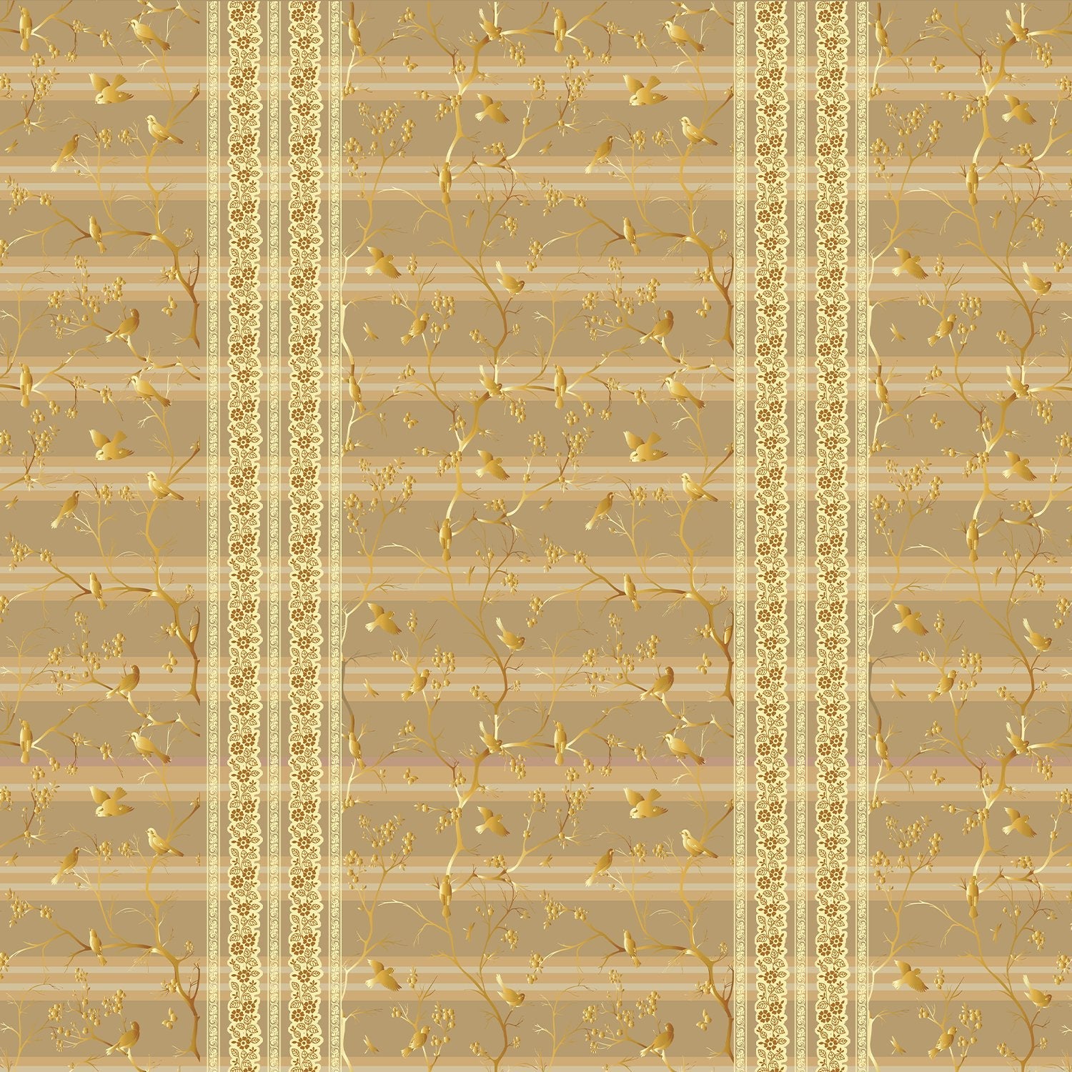 Luxurious gold damask stripes with delicate floral motifs on warm beige background - view 2 - final
