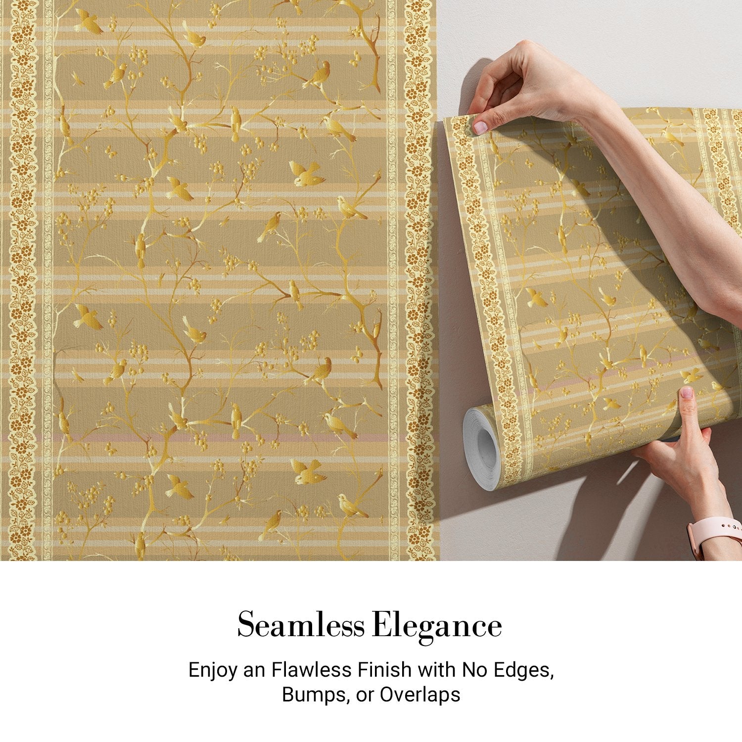 Luxurious gold damask stripes with delicate floral motifs on warm beige background - view 3 - final