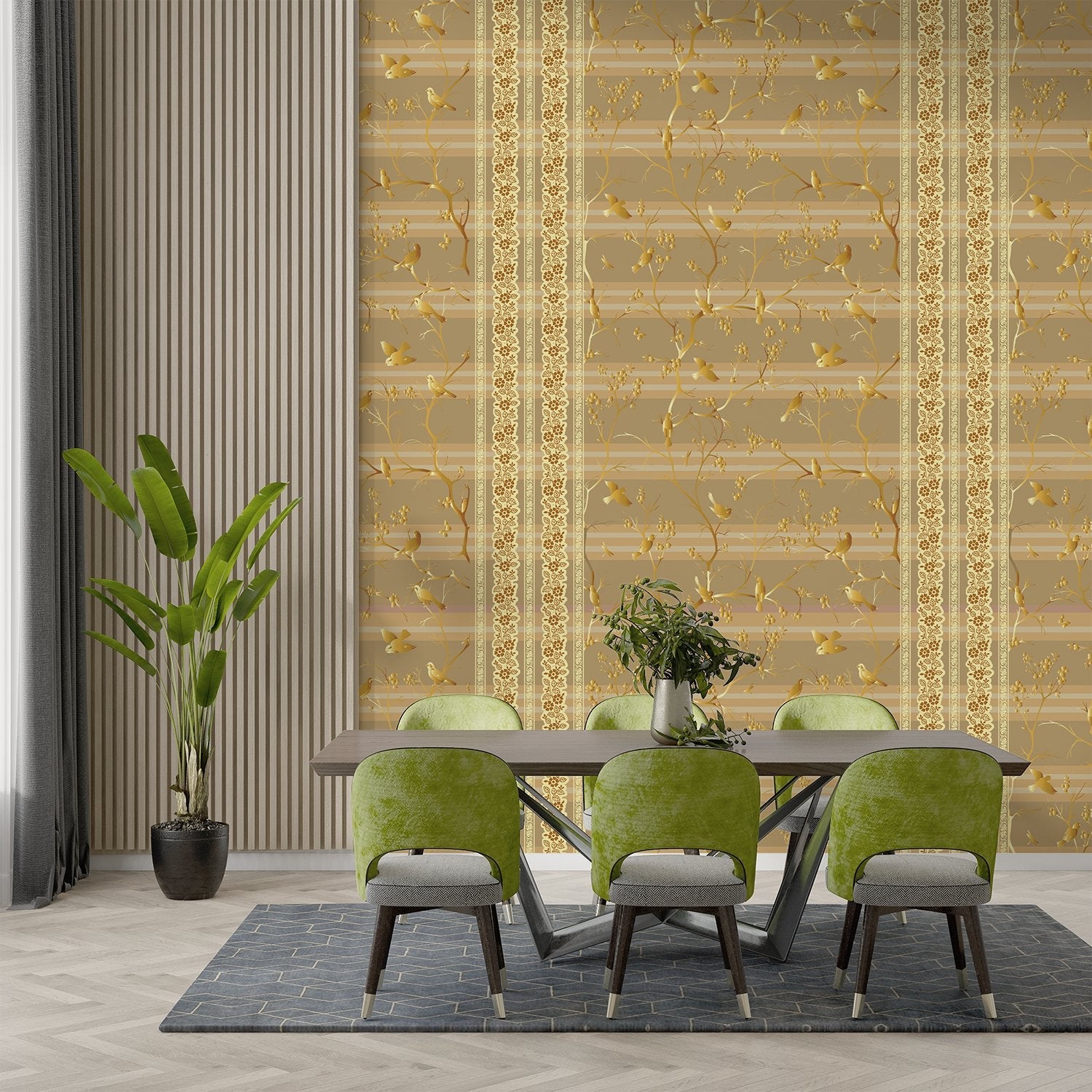 Luxurious gold damask stripes with delicate floral motifs on warm beige background - final dining-room