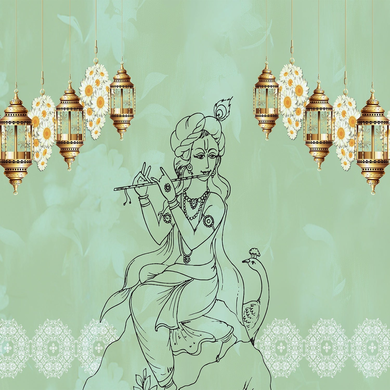 Traditional Indian spiritual art with hanging lanterns and lotus motifs on golden background - view 10 - final