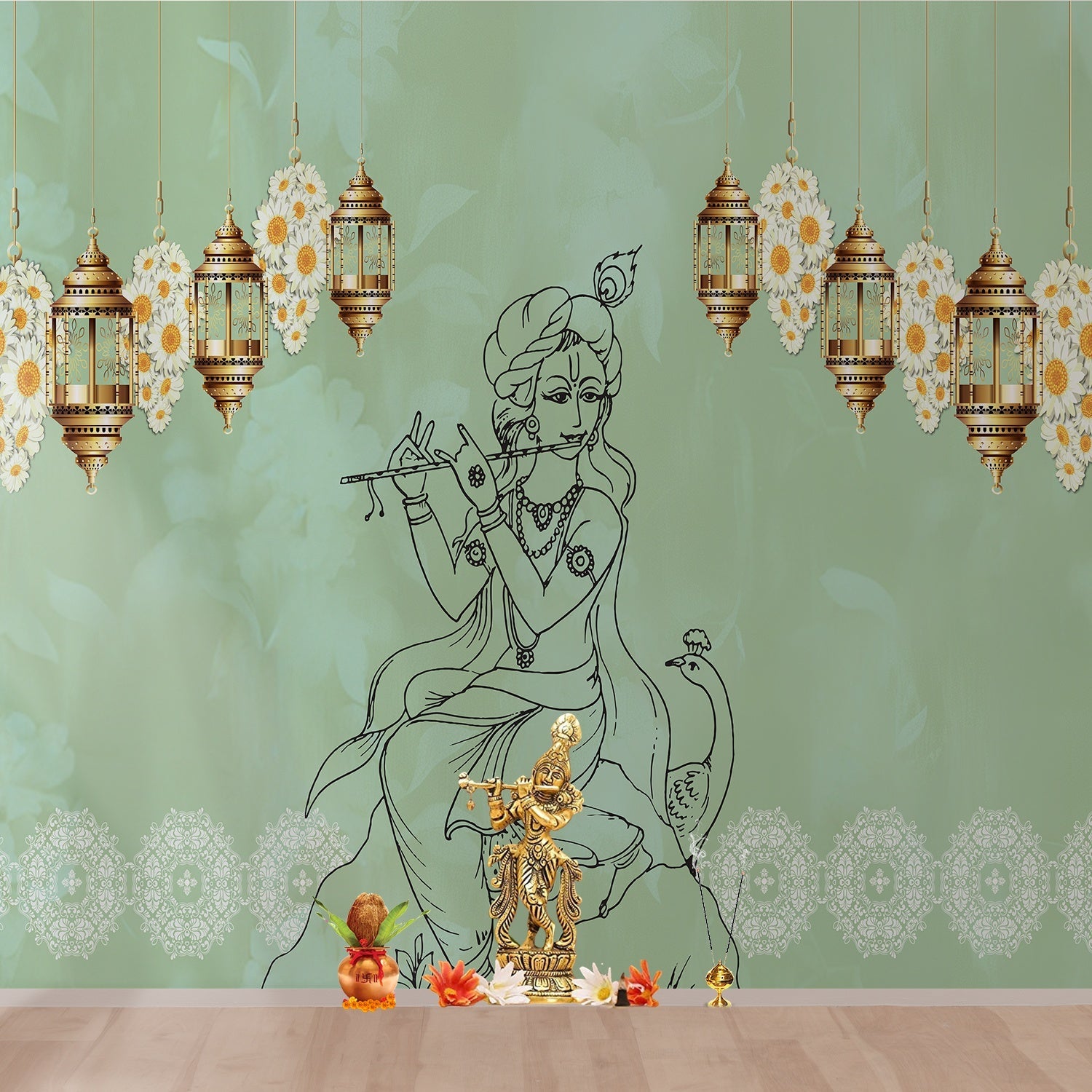 Traditional Indian spiritual art with hanging lanterns and lotus motifs on golden background - view 11 - final