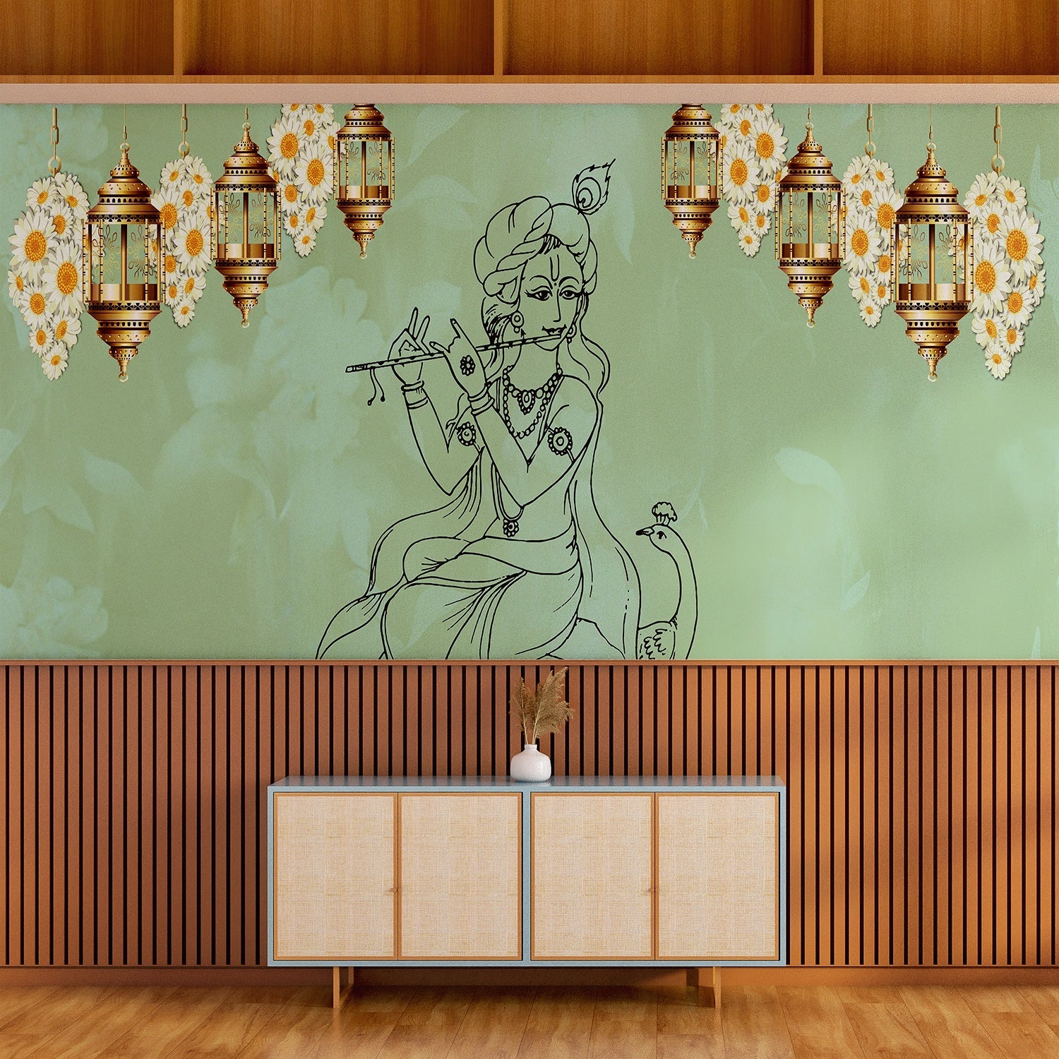 Traditional Indian spiritual art with hanging lanterns and lotus motifs on golden background - view 12 - final