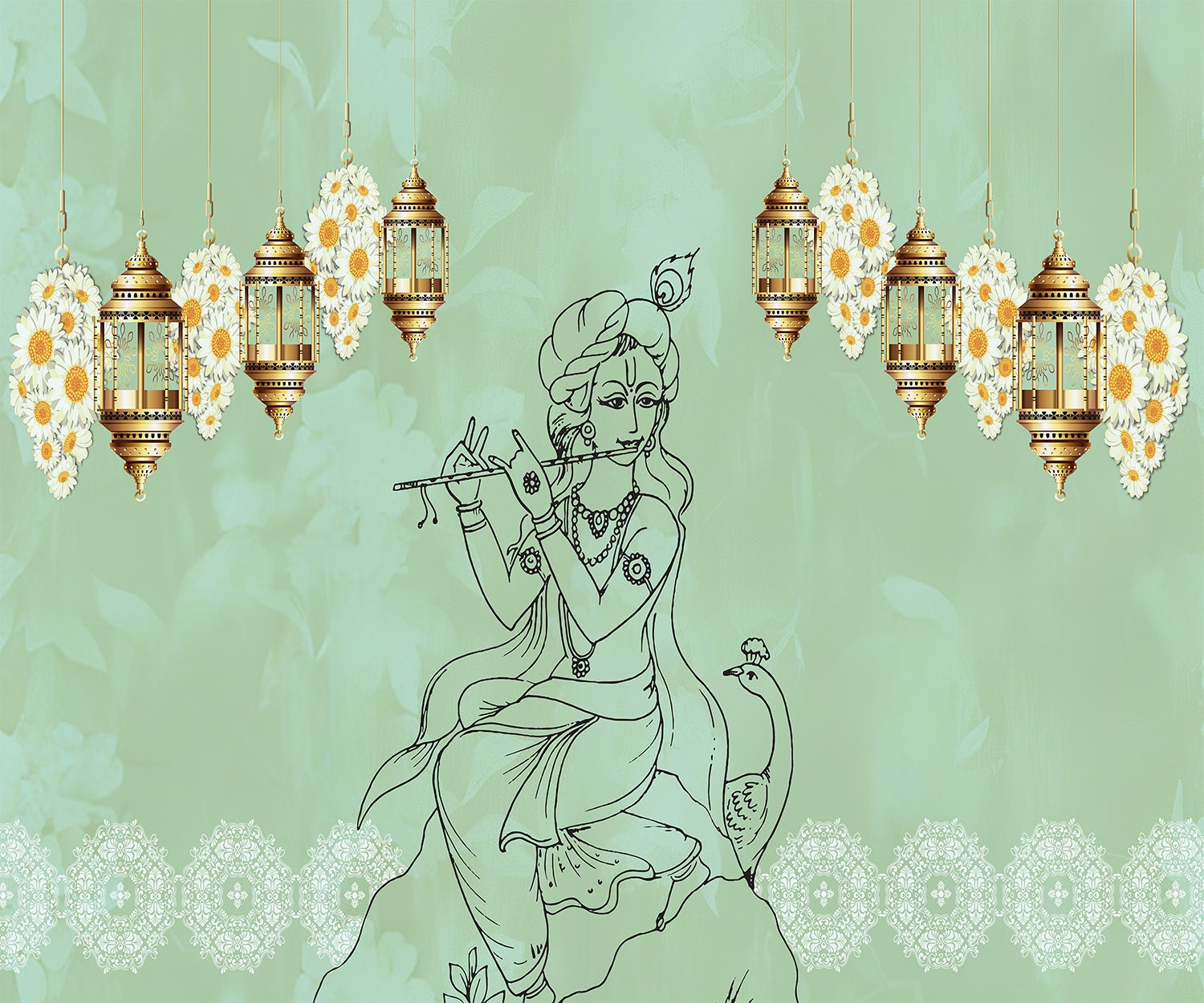 "Golden Radiance Krishna religious mural in lea - religion wallpaper mural-inequal final"